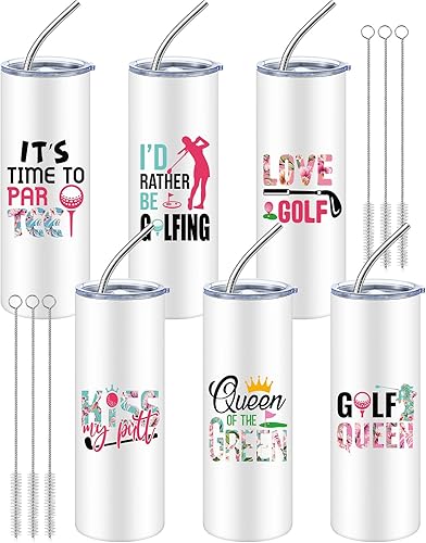 Skylety 6 juegos de regalos para amantes del golf para mujeres, golfistas, vaso de acero inoxidable de 20 onzas con tapa, popote y cepillo,