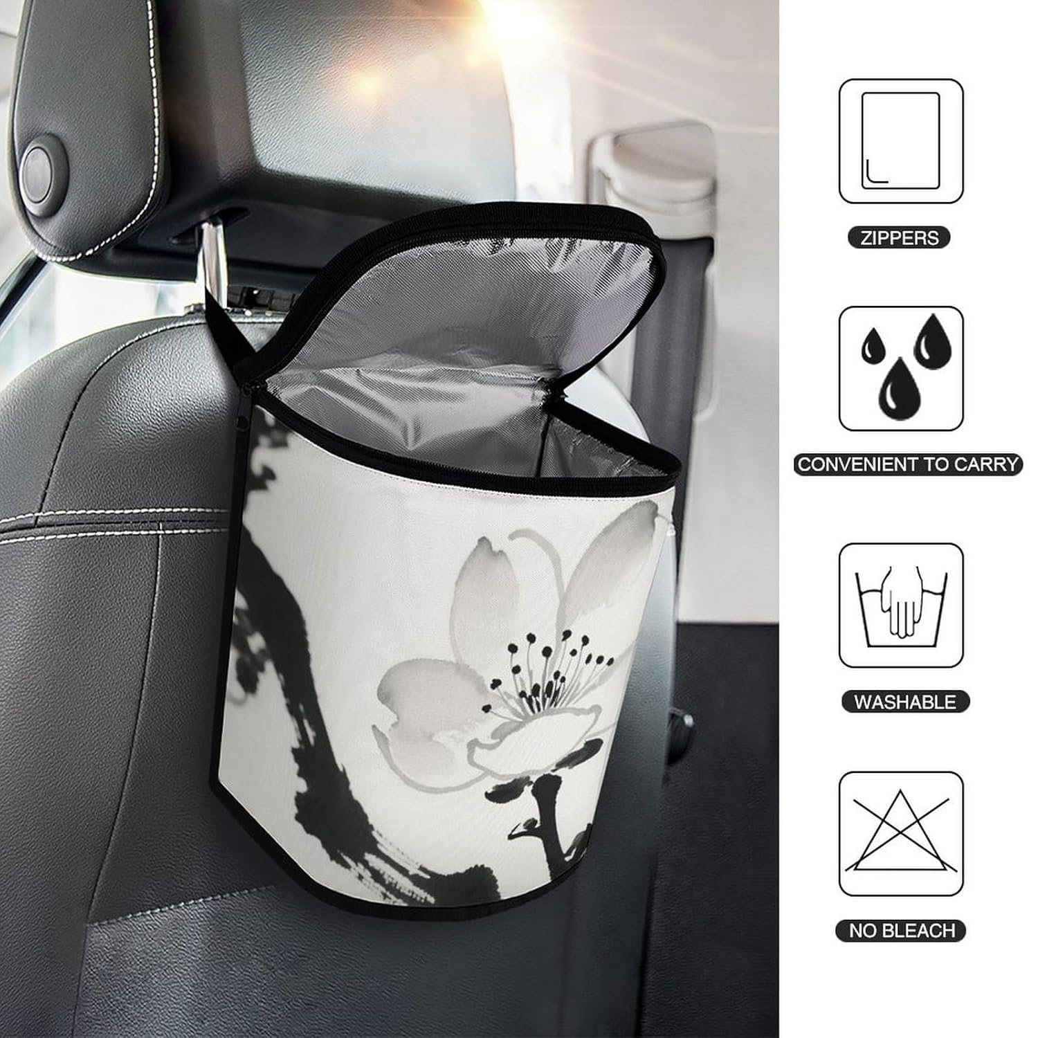 MUSM Leakproof Car Trash Can 2.5 Gallon, Durable Automotive Garbage Bag with Waterproof Liner, Ink-wash Painting Scenery Trash Bag for Car, Truck, RV & Bathroom
