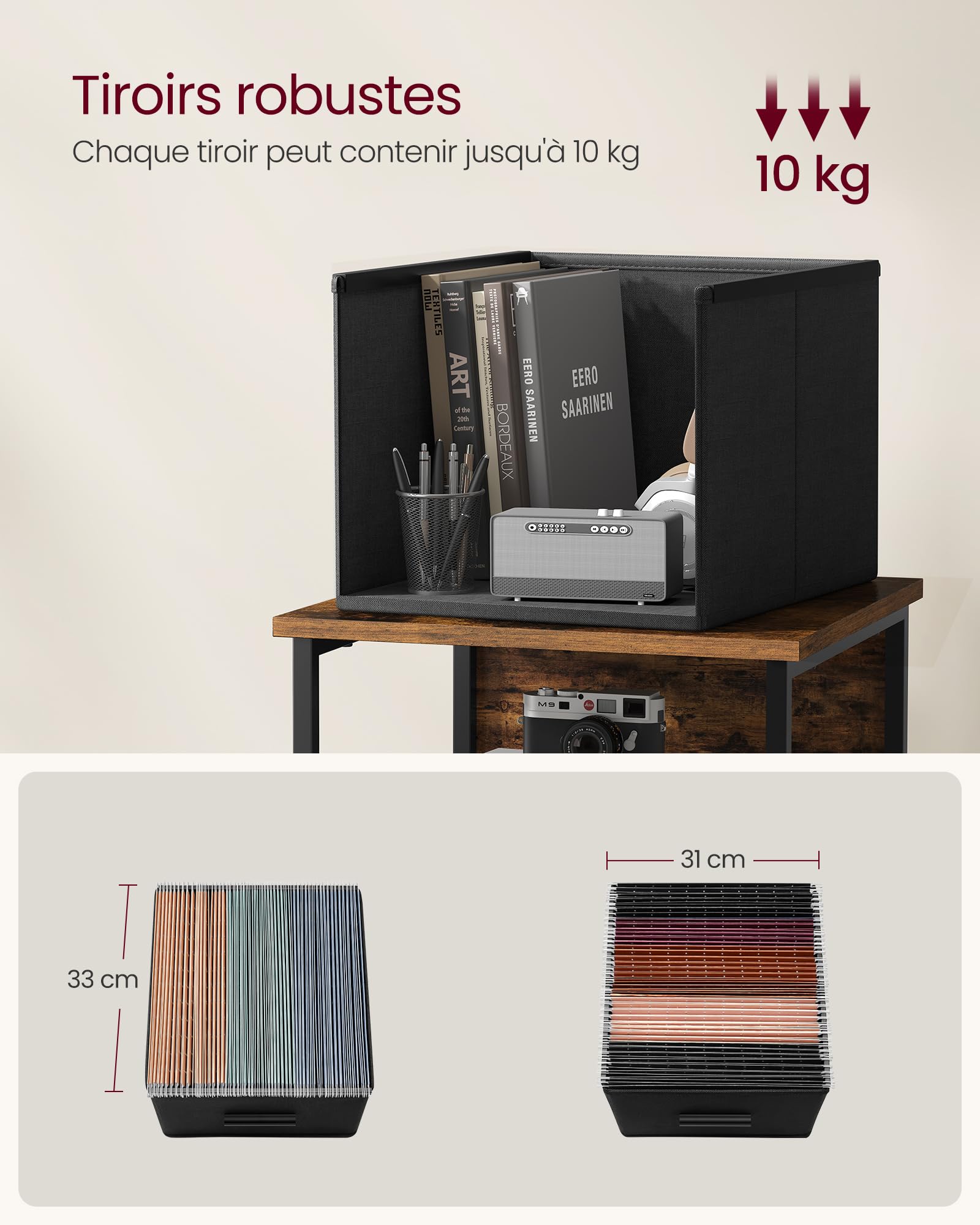 VASAGLE Caisson Bureau, 3 Tiroirs, Bibliothèque, Étagère de Rangement en Cube, Support pour Imprimante, pour Format A4, Dossiers Suspendus, Bureau, Marron Rustique et Noir d’Encre OFC058B01