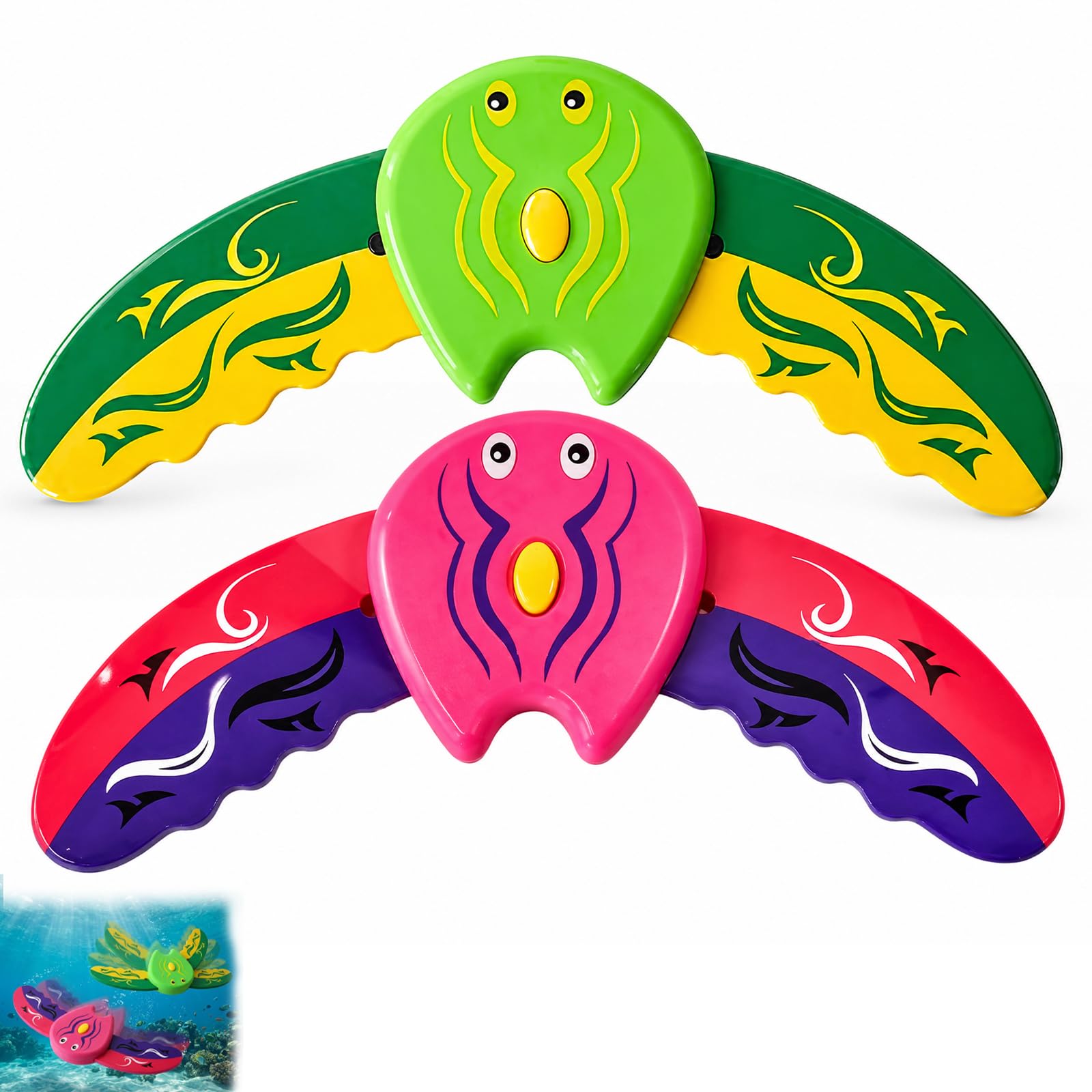 2 Pcs Kids Underwater Gliders Stingray Devil Fish Diving Pool Toys, Adjustable Fins Self-propelled Water Games, Swimming Diving Pool Toys Fun Water Games for Kids and Adult (Red and Green)