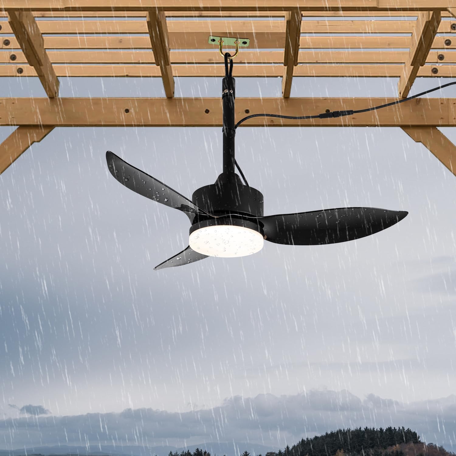 46" Gazebo Fans Outdoor Hanging for Pergola Patios, IP65 Waterproof Wet Rated Plug in Ceiling Fan, Black Blades