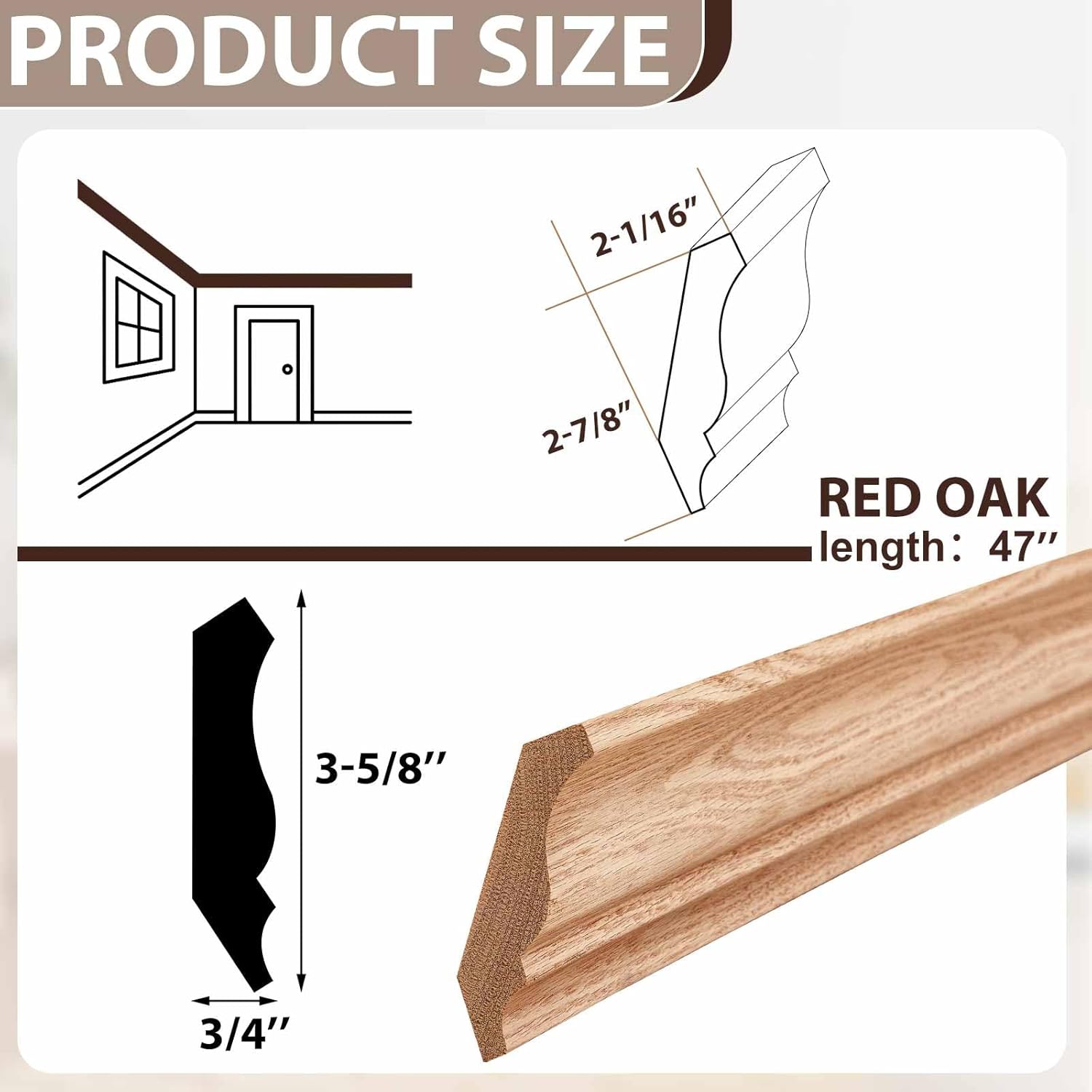 DoubleFill 2 Pack Solid Red Oak Hardwood Crown Molding Trim 47" x 3/4" x 3-5/8" Real Wood Colonial Ceiling Molding, Unfinished & Stainable, Easy Install, Alternative to Foam & Plastic Trim, 94" Total