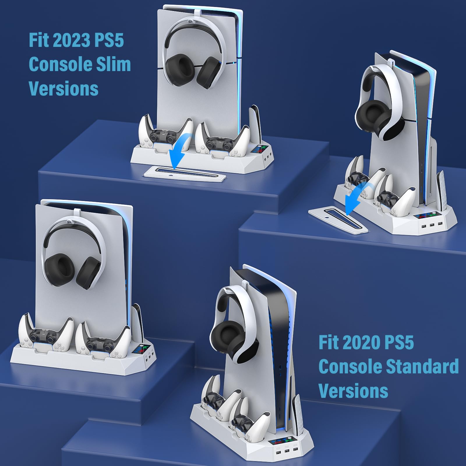 PS5 Slim Stand e stazione di raffreddamento con controller stazione di ricarica per Playsation 5 Slim & Standard Disc/Digital Console, PS5 Accessori Incl. Controller Charger/Turbo Fan/3 USB Hub