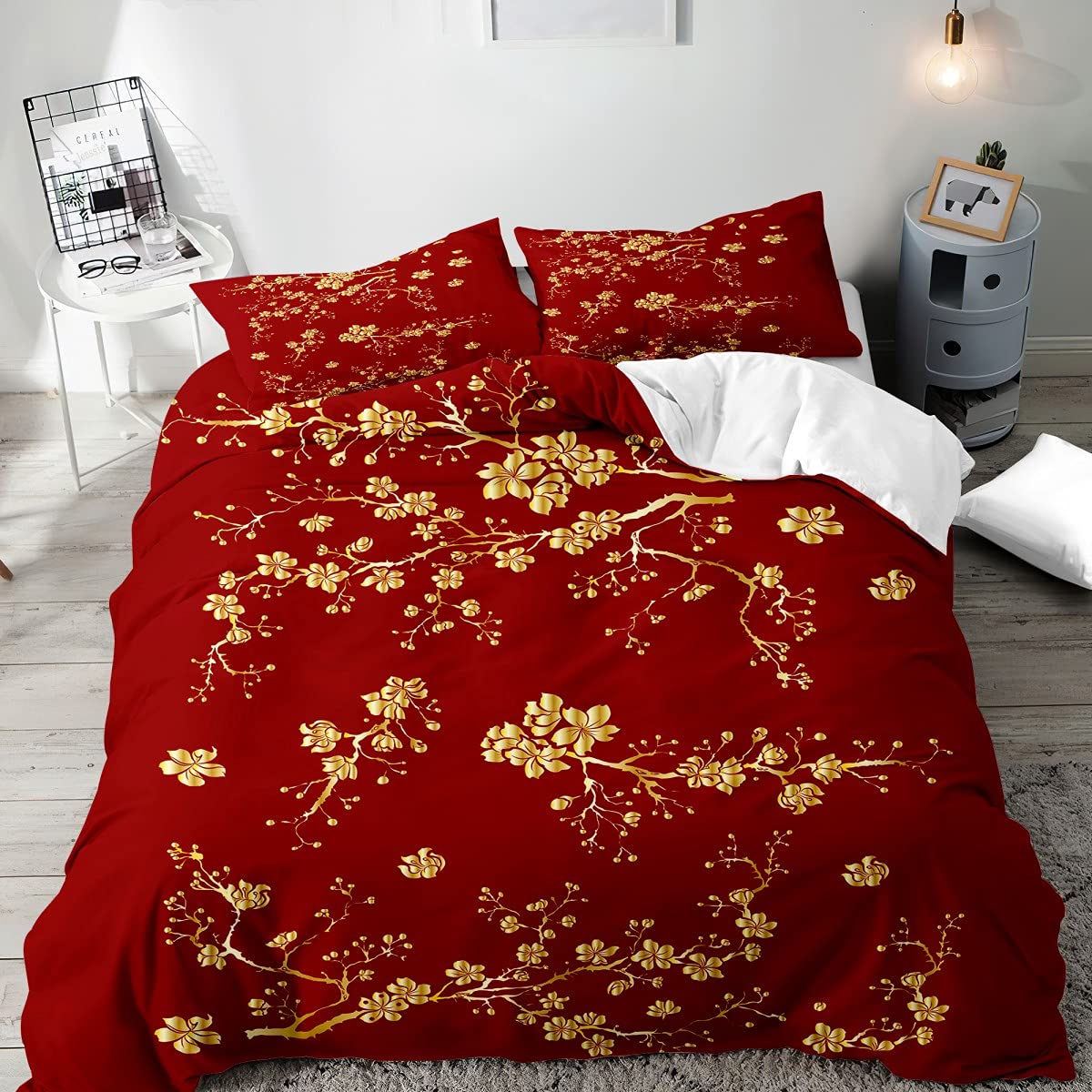 MOUMOUHOME Royal Golden Flower Duvet Cover Set Vintage Red Bedding Single Size Exquisite Gold Decoration Blooming Flowers Branches 3D Printed Comforter Cover with 1 Pillow Sham, No Comforter
