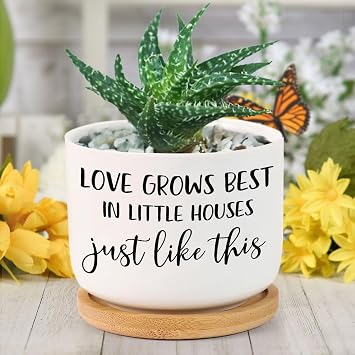 Love Grows Best in Little Houses Just Like This Ceramic Planter Christian Saying Pots for Plants with Drainage Holes and Saucers Orchid Pot for Home Office Decoration