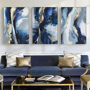 Blue White and Gold Abstract Canvas Wall Art for Living room Bedroom Home Decor Blue and White Abstract Canvas Prints Painting Navy Modern Pictures Wall Decor 16x24inx3pcs No Frame