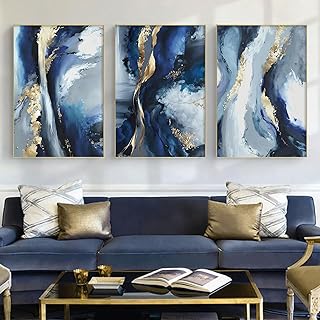 Blue White and Gold Abstract Canvas Wall Art for Living room Bedroom Home Decor Blue and White Abstract Canvas Prints Painting Navy Modern Pictures Wall Decor 16x24inx3pcs No Frame