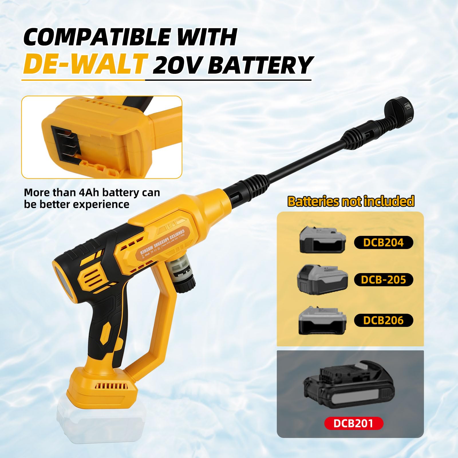 Limpiador de alta presión inalámbrico compatible con Dewalt 20 V, 570 W, limpiador de alta presión de mano sin escobillas, con boquilla 6 en 1, pistola de alta presión de 4 niveles para la limpieza de