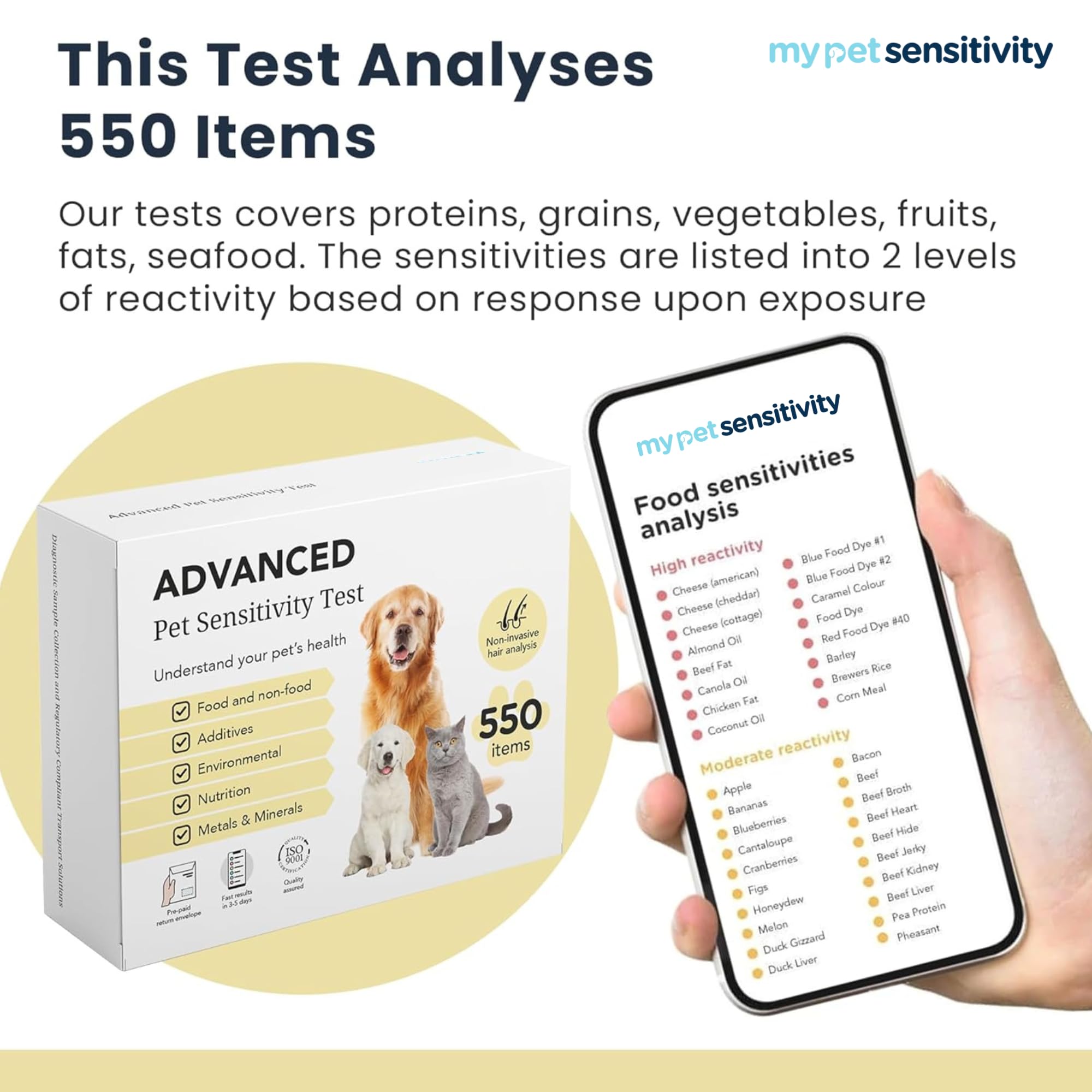 Test avanzato degli allergeni - Test allergico per animali domestici | 550 articoli | Risultati rapidi | Raccolta di capelli non invasiva | Analisi di cibo, ambiente, nutrienti e