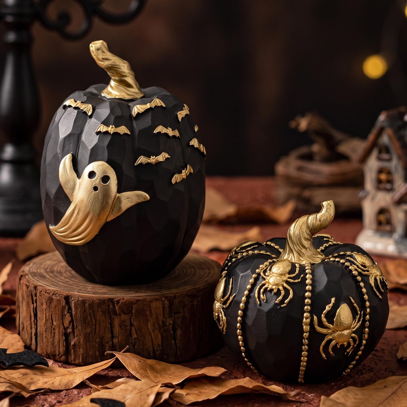 Black and Gold Pumpkin Decor Set of 2, Artificial Resin Faux Pumpkins with Spider Web Ghost Bat Design, Fall Home Decor Indoor Thanksgiving Table Centerpiece for Fireplace Mantel, Coffee Table, Shelf — image 1