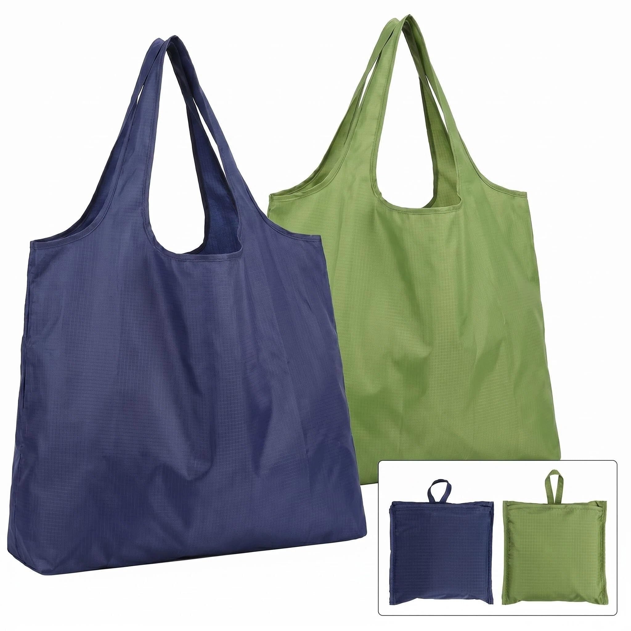 2 Pack Extra Large Waterproof Foldable Shopping Bags, 53x64cm Heavy Duty Tote Bag with Inner Pocket, 20kg Capacity Reusable Grocery Bag, Travel, Camping, Waterproof Oxford Fabric (green+blue)