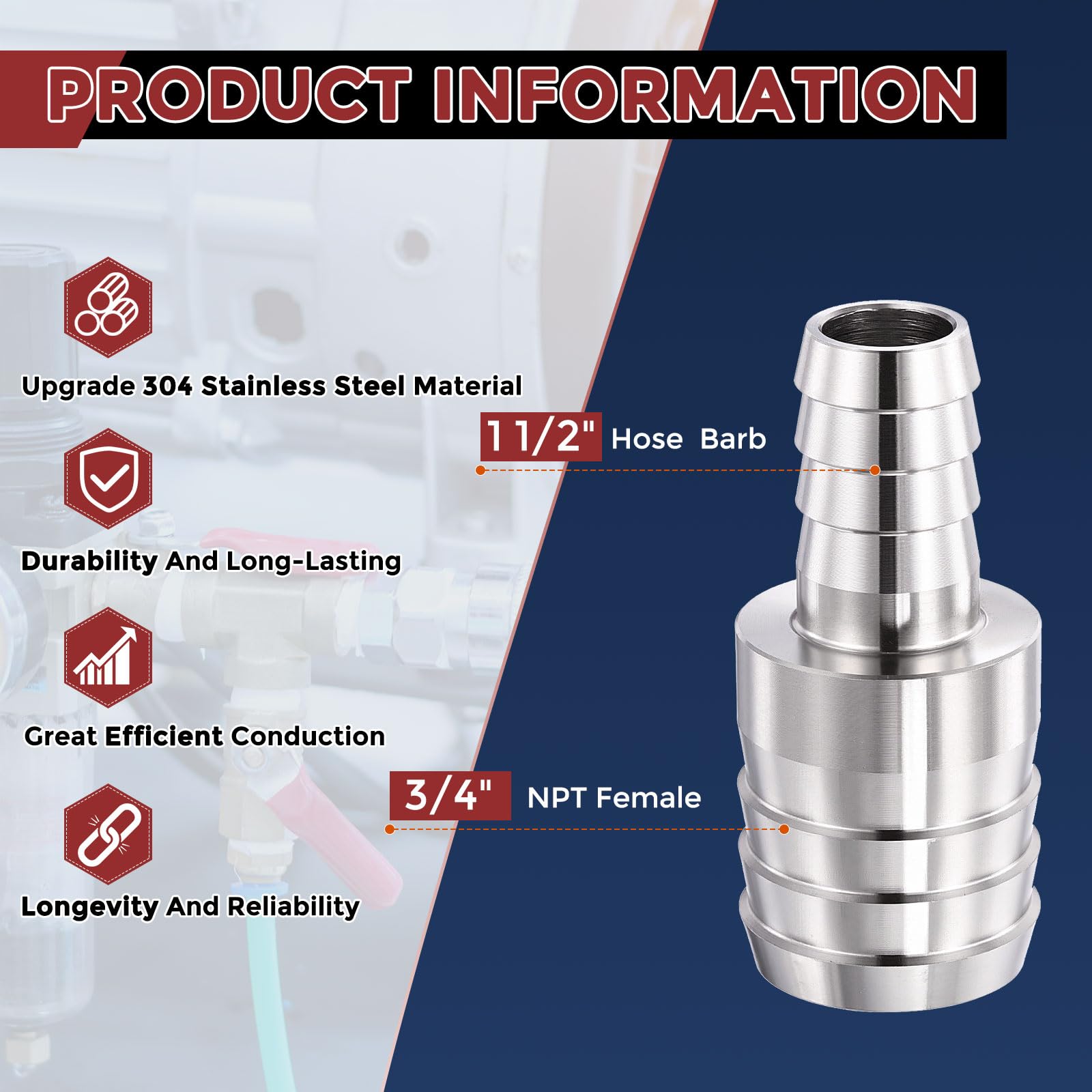 Kozelo Pack of 2, 304 Stainless Steel Hose Barbs Fittings 1 1/2"(40mm) Hose Barbs to 3/4"(20mm) Fittings - Image 2