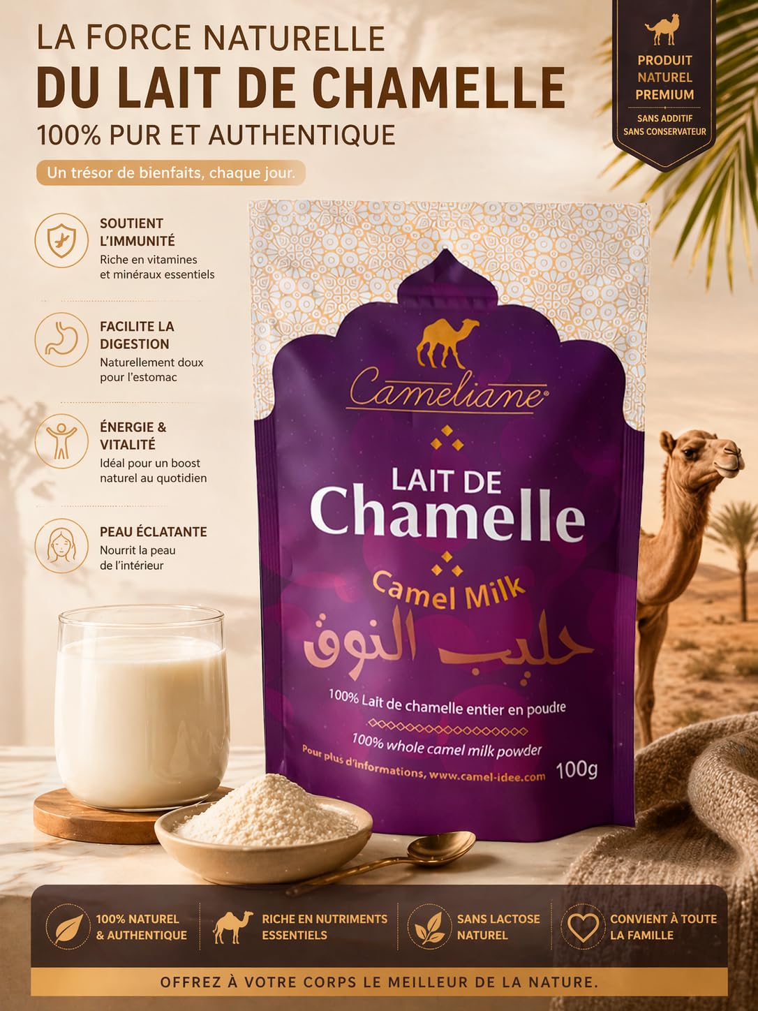 Сamel milk en poudre – lait de chamelle 100% entier, riche en protéines, faible en lactose, qualité premium, 100 g