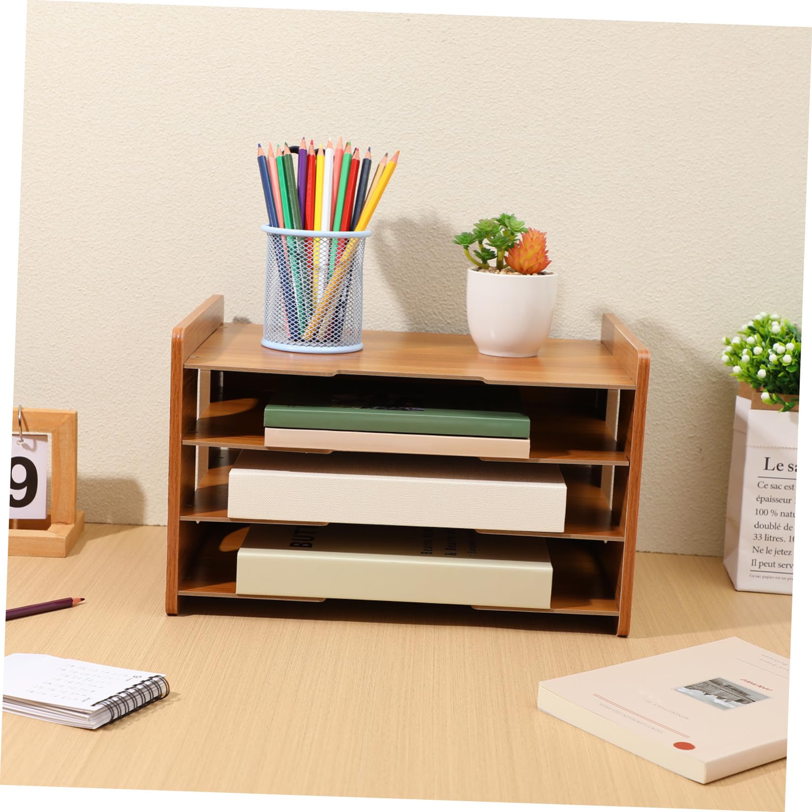 Gatuida Organizer da Scrivania in Legno Design Verticale Stabile 4 Livelli Vaschetta Portadocumenti Salvaspazio e Facile da Ordinare per Ufficio e Studio
