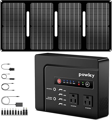 Powkey Estación de energía portátil de 200 W con panel solar, panel solar plegable de 40 W con banco de energía de CA de 146 Wh, kit de panel solar