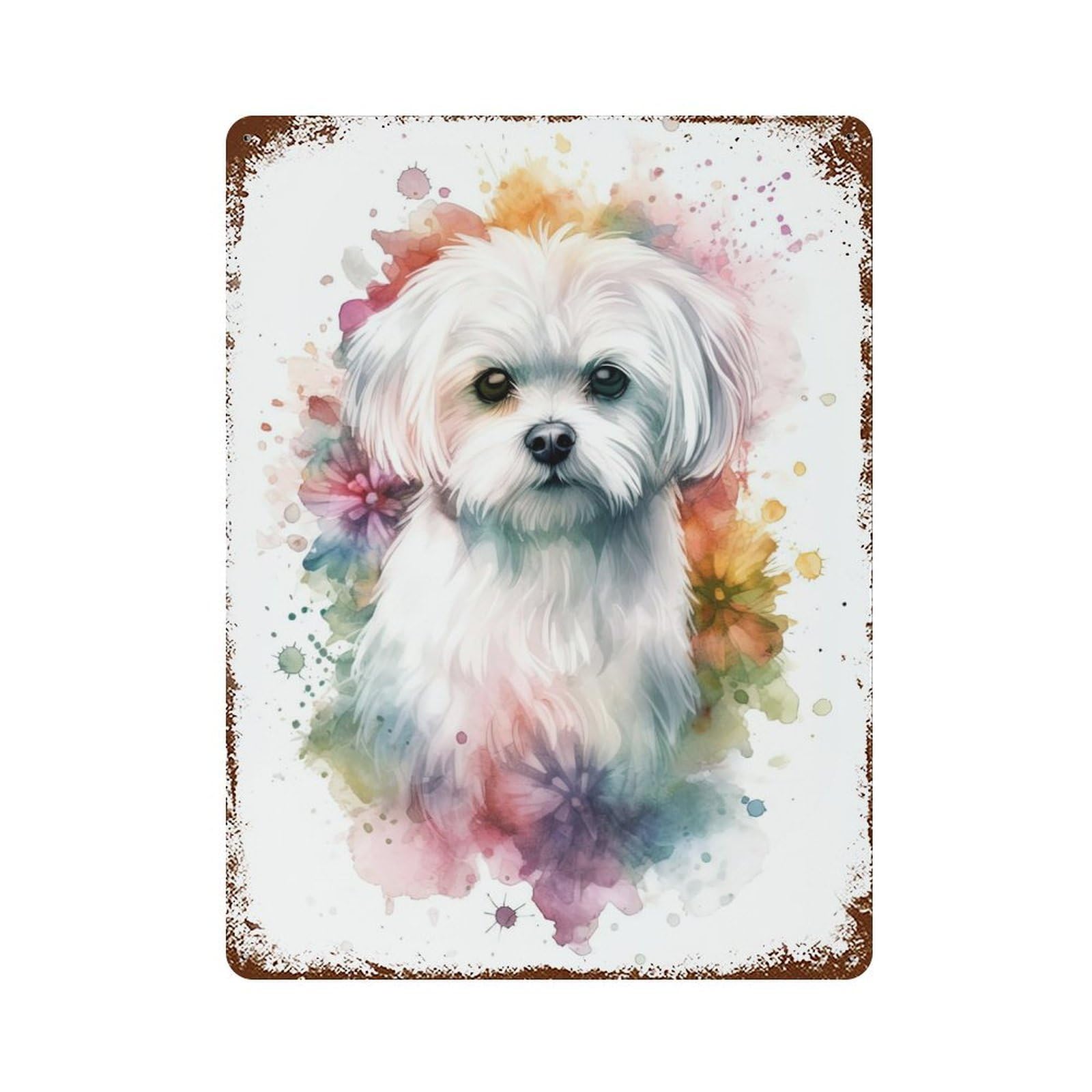 Rust Effect Watercolor Maltese Dog Rusty Metal Tin Sign 15.7"x11.8", Old School Wall Decor for Basement, Hobby Room And Garage Decor