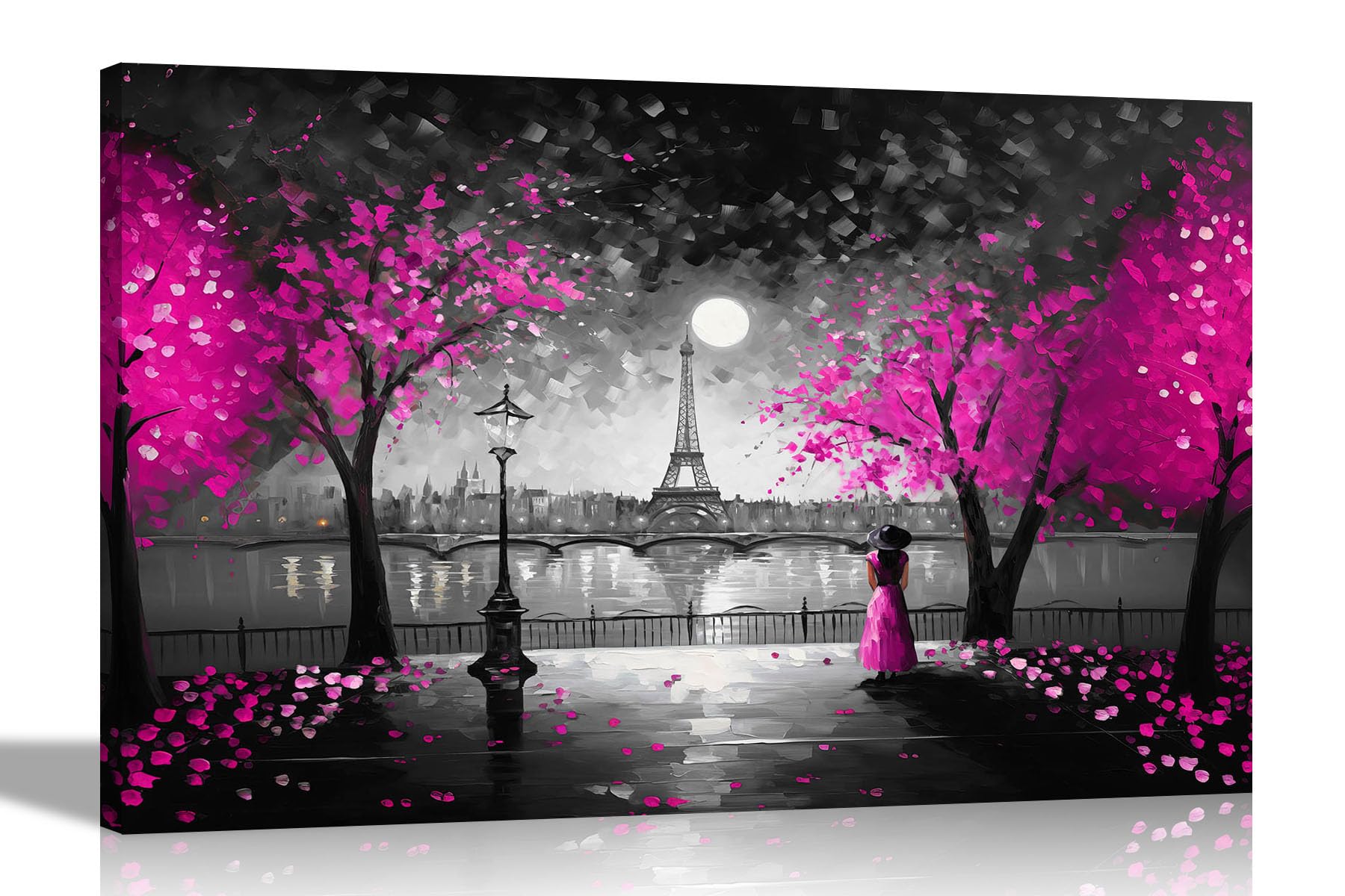 Moonlight Eiffel Tower Pink Black and White Canvas Pictures for Wall | Abstract Art in Living Room, Bedroom, Hallway Prints 40 x 30cm (16 x 12 inches) A3