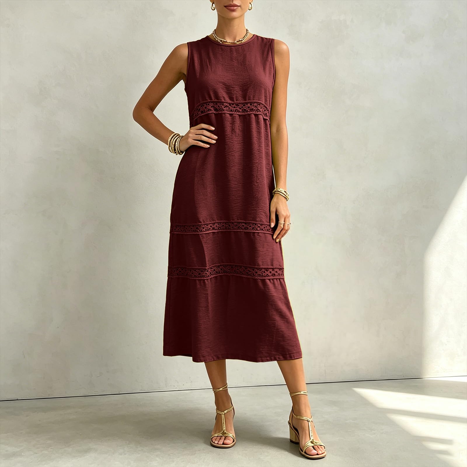 Abito Spiaggia Donna Gonna Lunga da Donna a Maniche Corte con Scollo Rotondo e Inserti Patchwork, Elegante e Comoda. Vestito Elegante