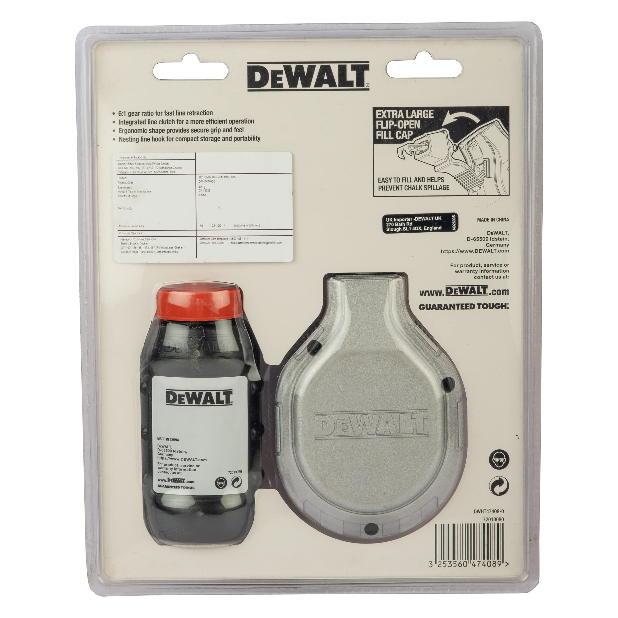 DEWALT DWHT47408-0 6 to 1 Chalk Reel with Red Chalk