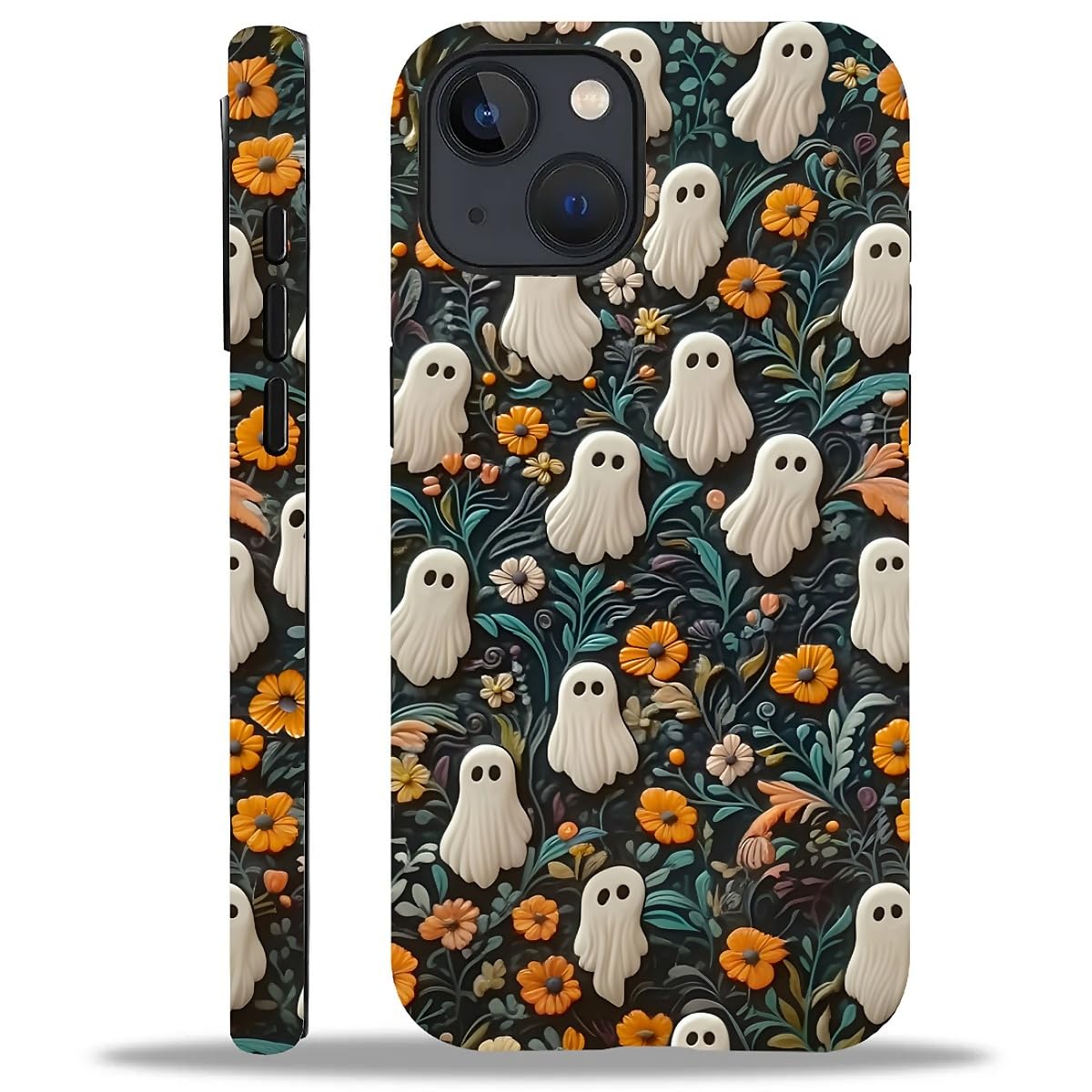 DAIZAG Compatible with iPhone 15 Case,Lovely Ghost Flowers 2 in 1 Heavy Duty Shockproof Rugged Hard PC+Soft Silicone Protective Cover for iPhone 15