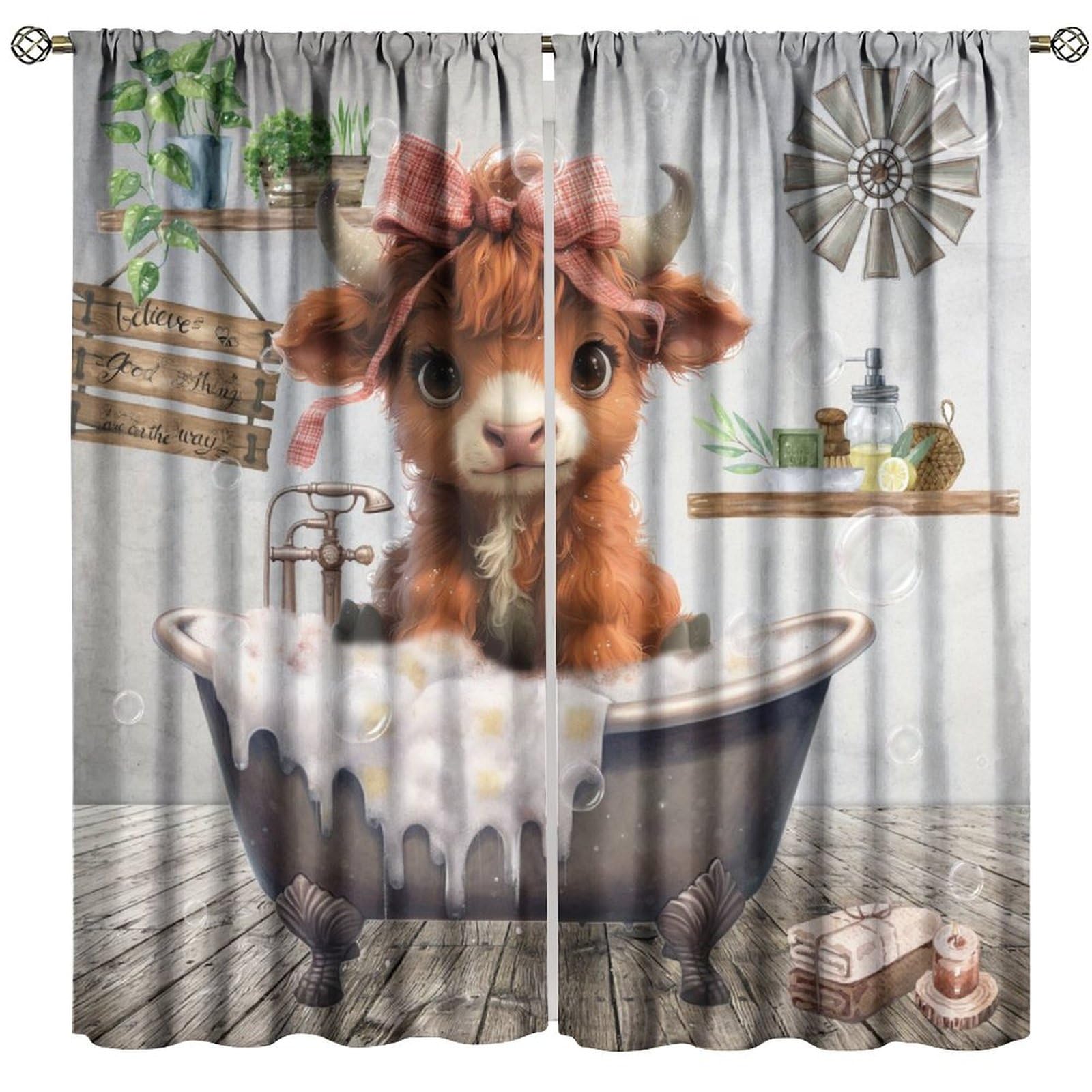 Funny Cattle Curtains, Retro Rustic Bathtub Showering Highland Cow Wood Windmill Dreamy Bubble Pattern Window Treatments, Blackout Rod Pocket Drapes for Kid for Living Room Bedroom Bathroom 42x45in