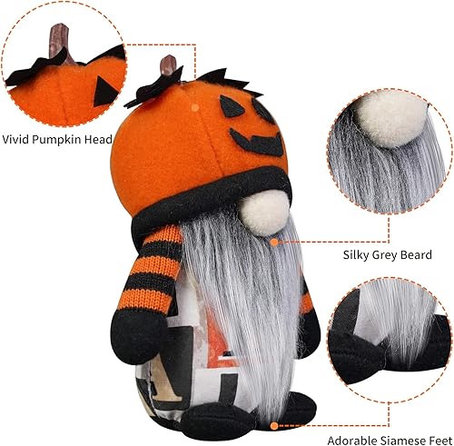 Miniatura 4 de Decoraciones de gnomo de Halloween, paquete de 2 sombreros hechos a mano con cara de calabaza sueca Tomte nórdico de felpa elfo Nisse adorable gnomo