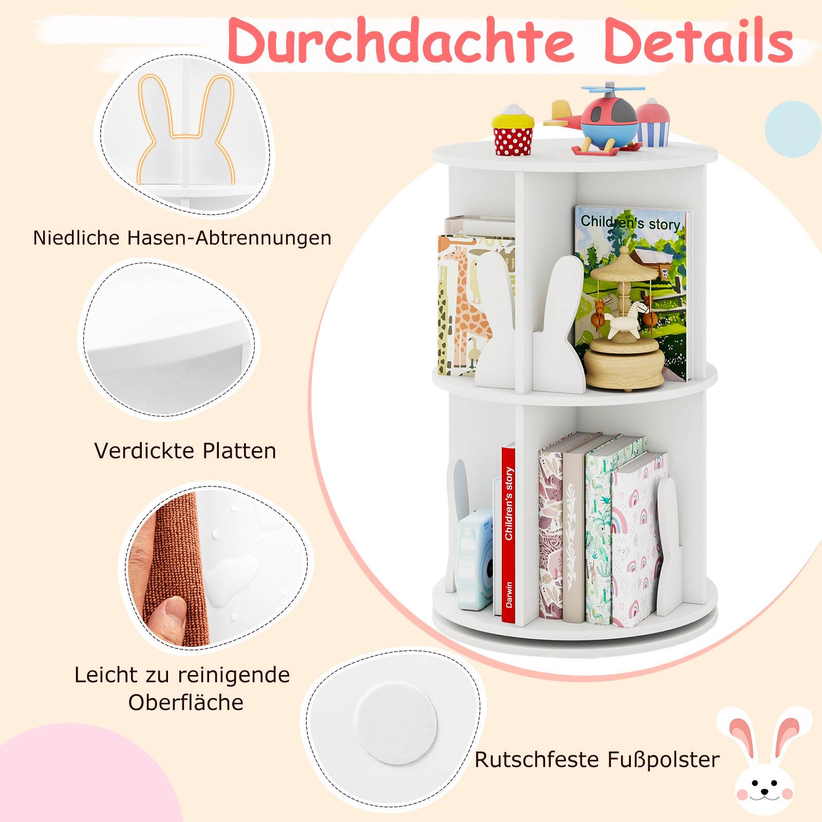 COSTWAY drehrbares Bücherregal Kinder, Kinderregal mit 2 Ebenen & Hasen-Trennwänden, 360 Grad, Kinderbücherregal freistehend, Spielzeugregal für Kinderzimmer, Spielzimmer, 40 x 40 x 65cm (Weiß)