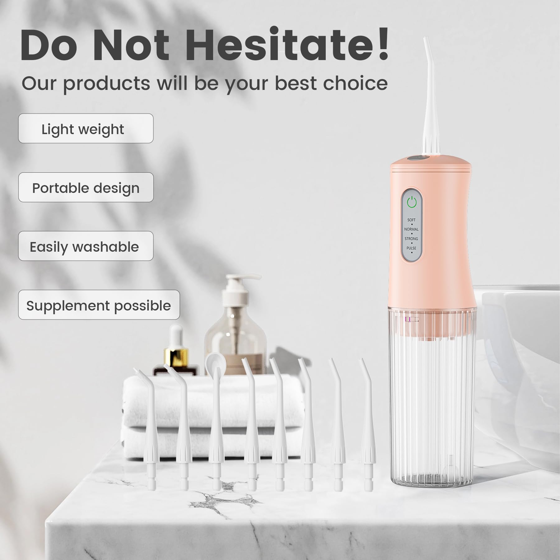 Hydropulseur sans fil pour nettoyage des dents – Irrigateur dentaire électrique avec 4 modes de nettoyage et 8 embouts de jet, étanche IPX7, design portable rechargeable pour une utilisation à la