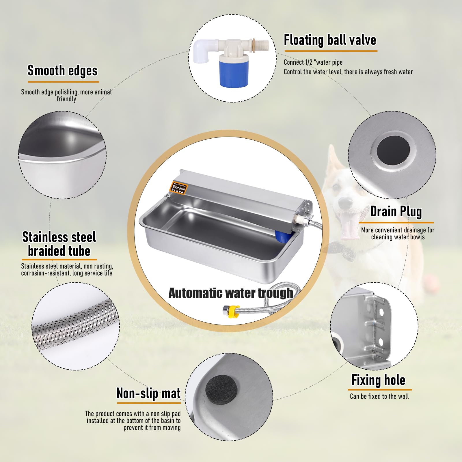 Bebedero Automático para Perros 6L en Acero Inoxidable con Tapón de Vaciado | Llenado Automático para Perros Grandes, Gatos, Pollos y Ganado