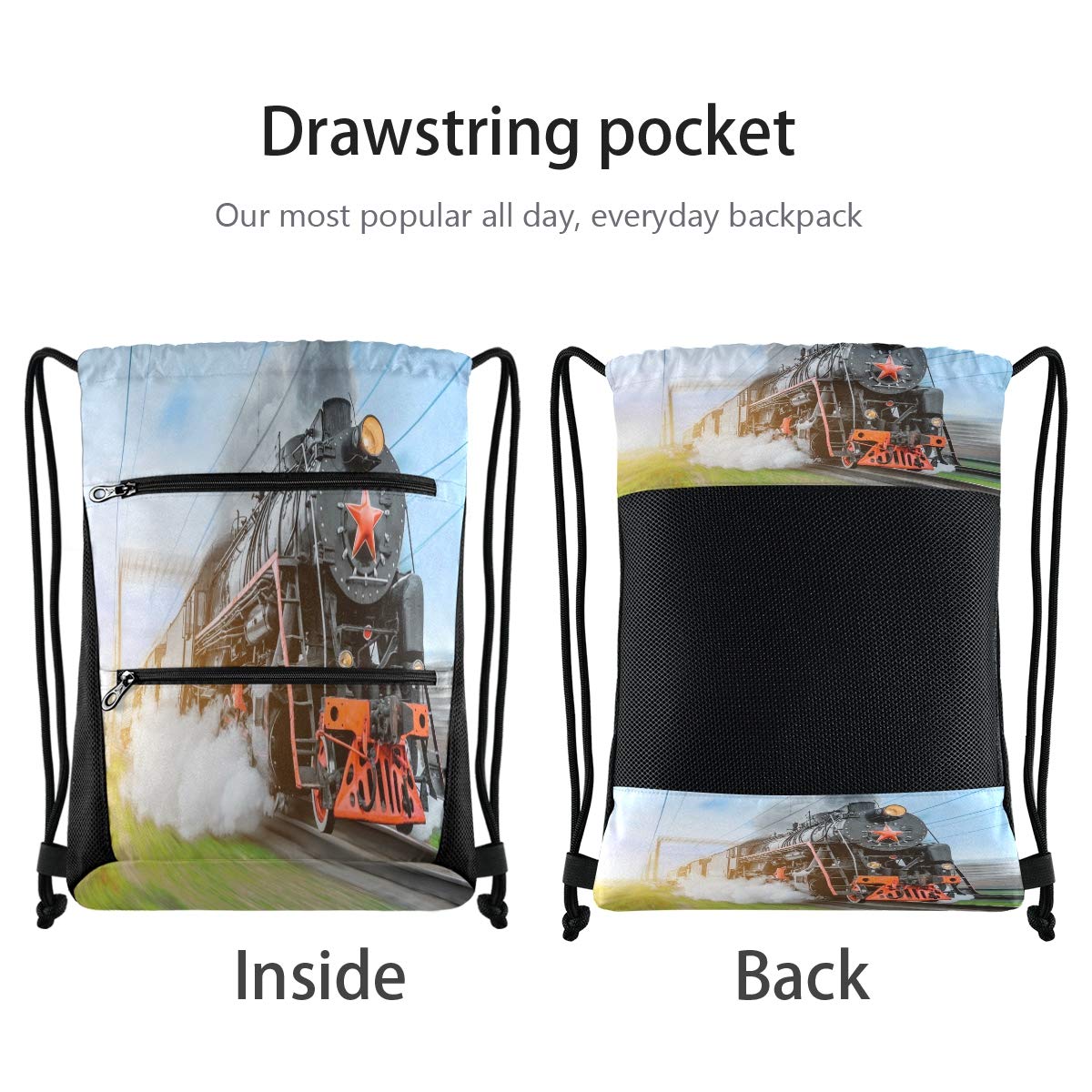 Dampflokomotive Druck Rucksack Mit Kordelzug – Wasserabweisend, 46x36 Cm, Schwarz, Für Sport, Reise & Strand