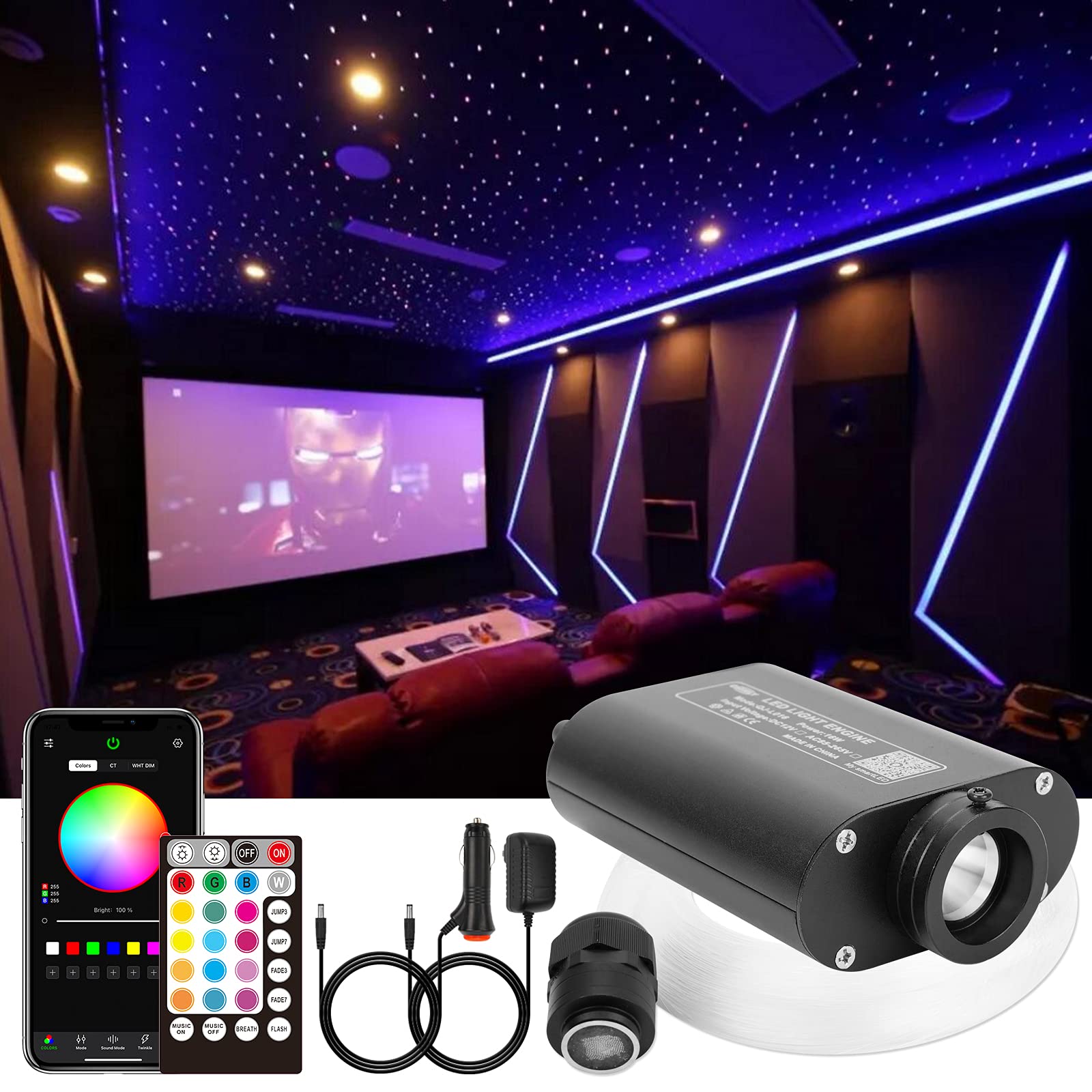 CHINLY Bluetooth Meteor 16W RGBW APP LED Fiber Optic Light Star Ceiling Lights Kit APP Mixed 450pcs*(0.03+0.04+0.06in)*13.1ft Optical Fiber + for Home/Car