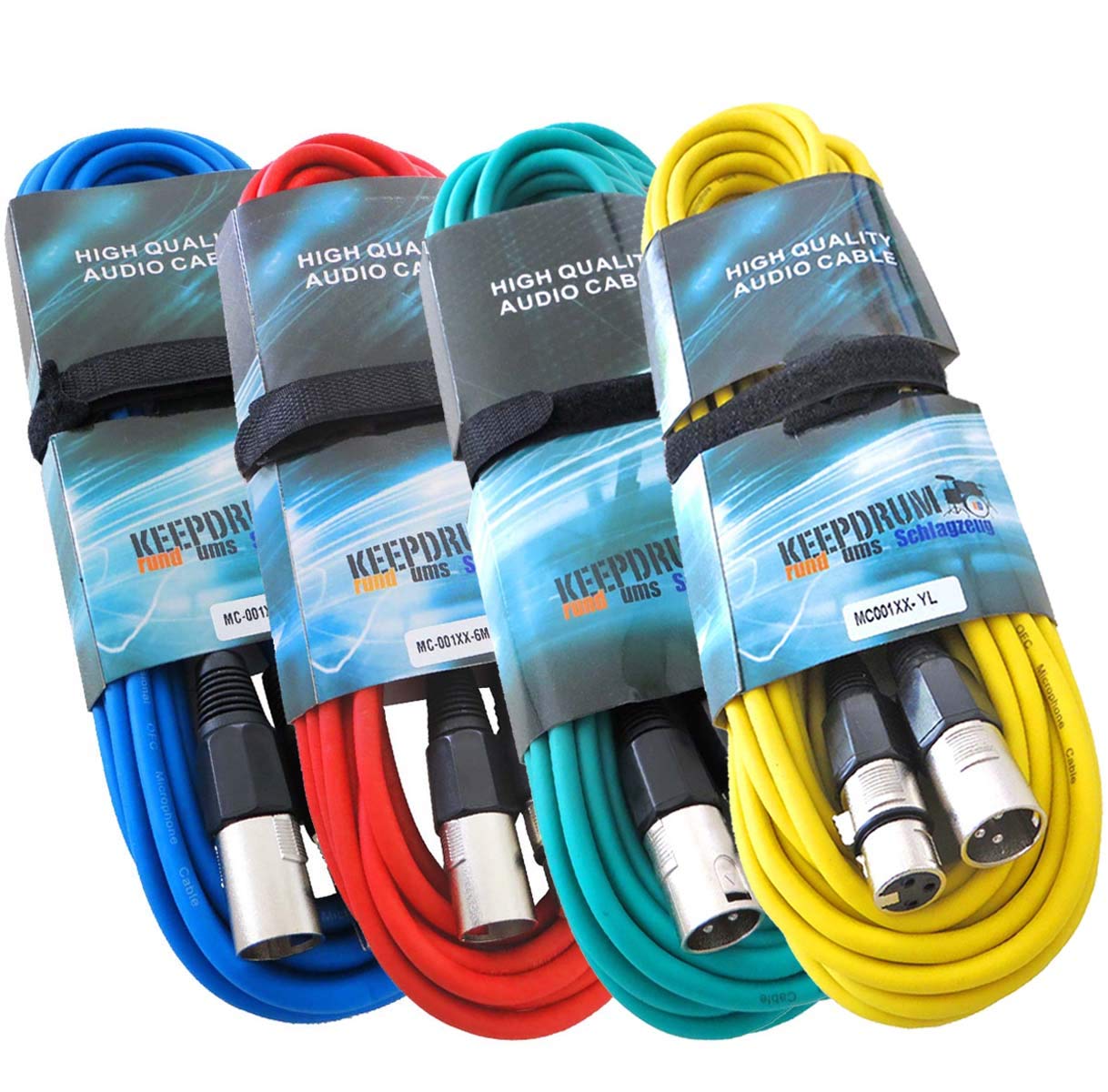 4 x Micrófono Keepdrum Cable Set 6 m XLR 4 colores Rojo Azul Verde Amarillo