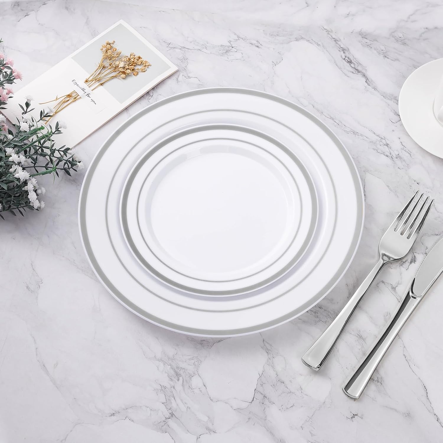 BESTVIP 100PCS Silver Plastic Plates, 10.25 Inch Disposable Dinner Plate Party with Silver Rim for Christmas, Thanksgiving, Heavy Duty Disposable Plastic Plates for Party, Wedding and Birthday, Events - Image 4