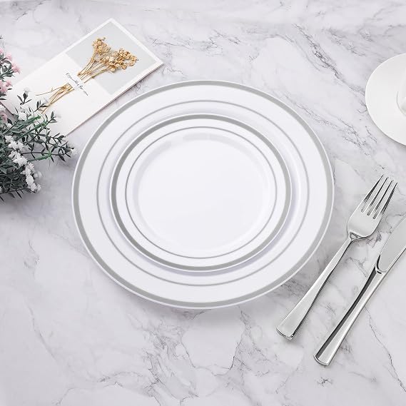 BESTVIP 200PCS Silver Plastic Plate & 100PCS Whit Bowls, Disposable Party 100 Dinner Plates and 100 Dessert Plates, Plastic Plates & Bowls for Party, Wedding and Birthday