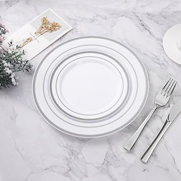 BESTVIP 200PCS Silver Plastic Plate & 100PCS Whit Bowls, Disposable Party 100 Dinner Plates and 100 Dessert Plates, Plastic Plates & Bowls for Party, Wedding and Birthday
