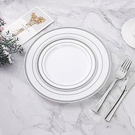 BESTVIP 200PCS Silver Plastic Plate, Disposable Party Plates with 100 Dinner Plates and 100 Dessert Plates, Plastic Plates for Party, Wedding and Birthday