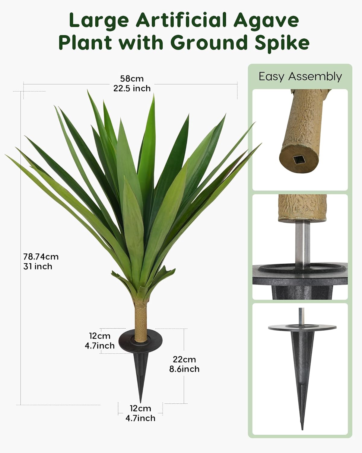 Velener Artificial Agave Plants Outdoor with Ground Spike, Set of 2 UV Resistant Fake Plants, Large Realistic Faux Succulents Plants for Indoor Outdoor Front Porch Garden-22 Inches