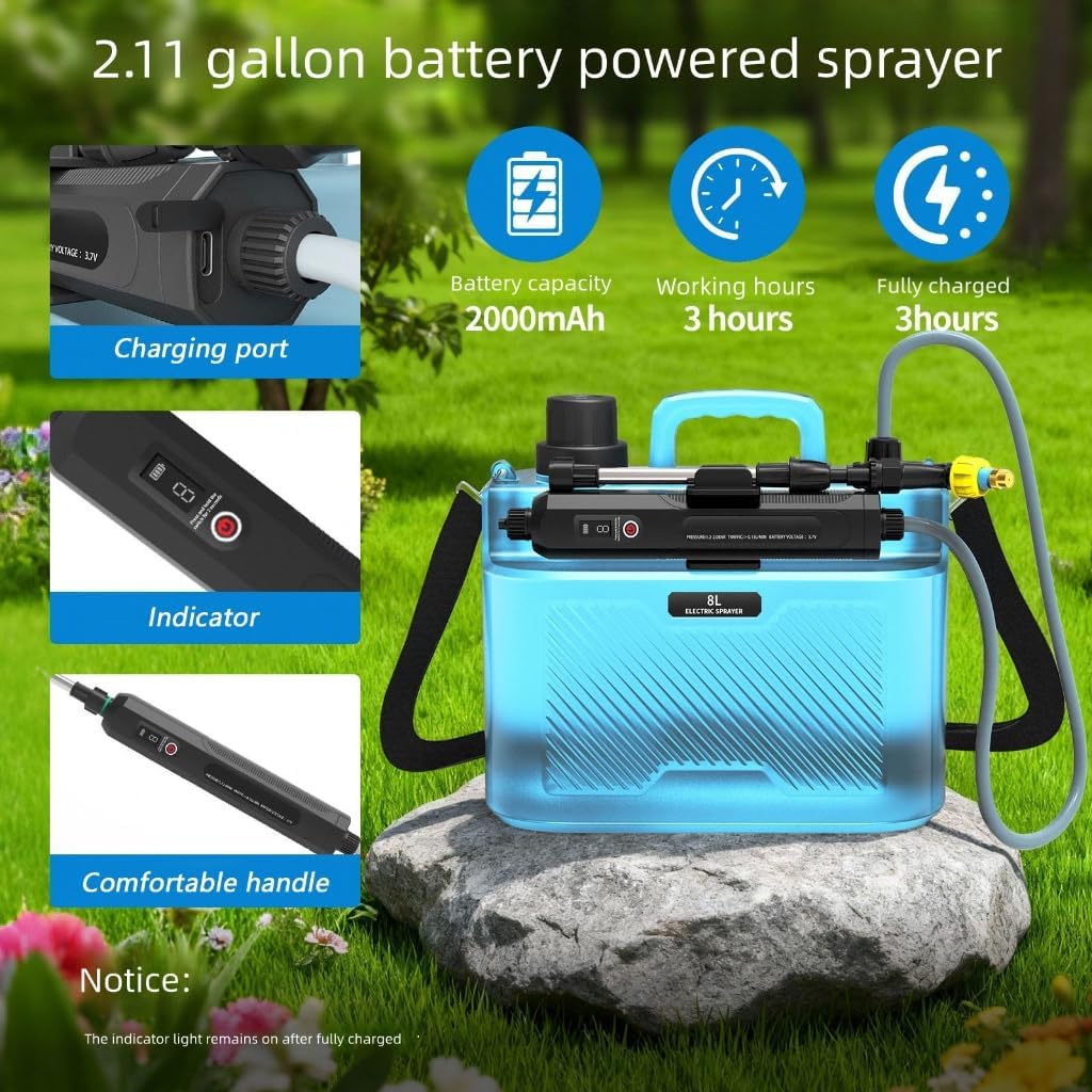 Battery Powered Sprayer 2 Gallon, 2000mAh USB Rechargeable Electric Garden Sprayer with 3 Speeds Displayed, 4 Mist Nozzles, Retractable Wand, Adjustable Shoulder Strap for Lawn Yard and Garden (B)