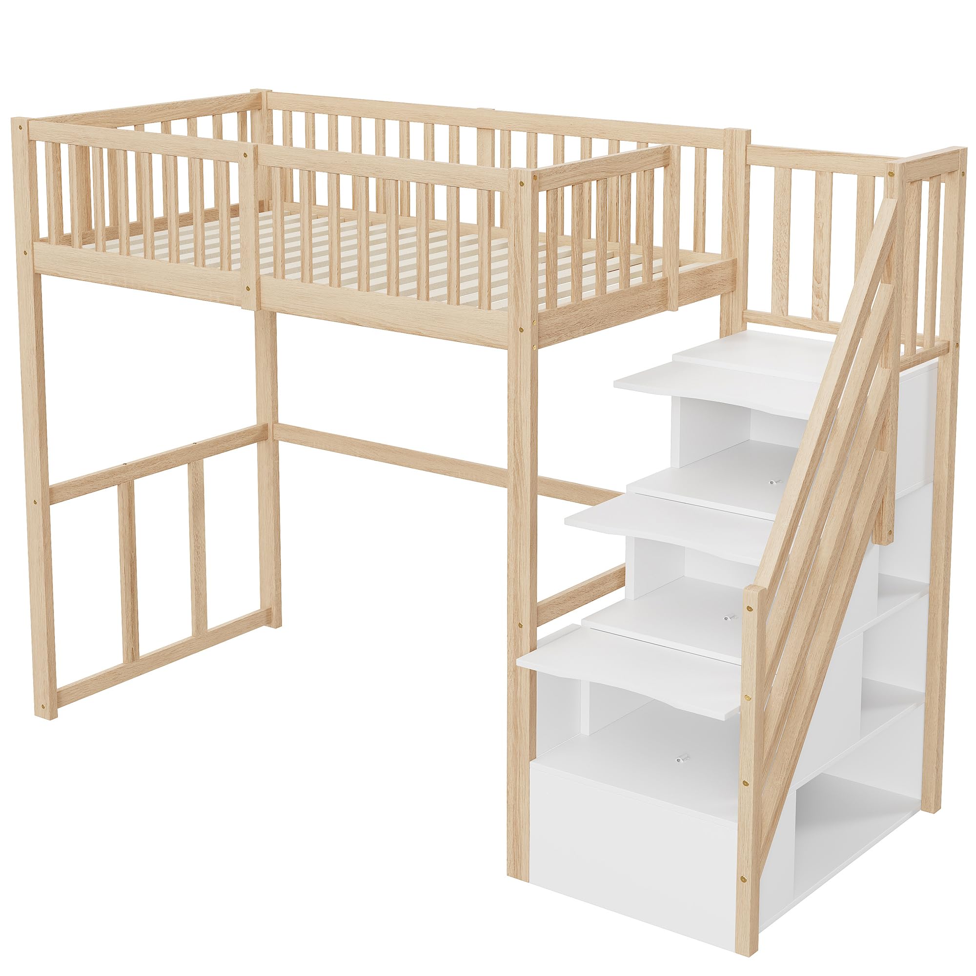 Kebnor 90 x 200 cm cama alta con escalera de almacenamiento de seguridad, estructura de cama de pino macizo para niños y adolescentes (color madera + blanco)