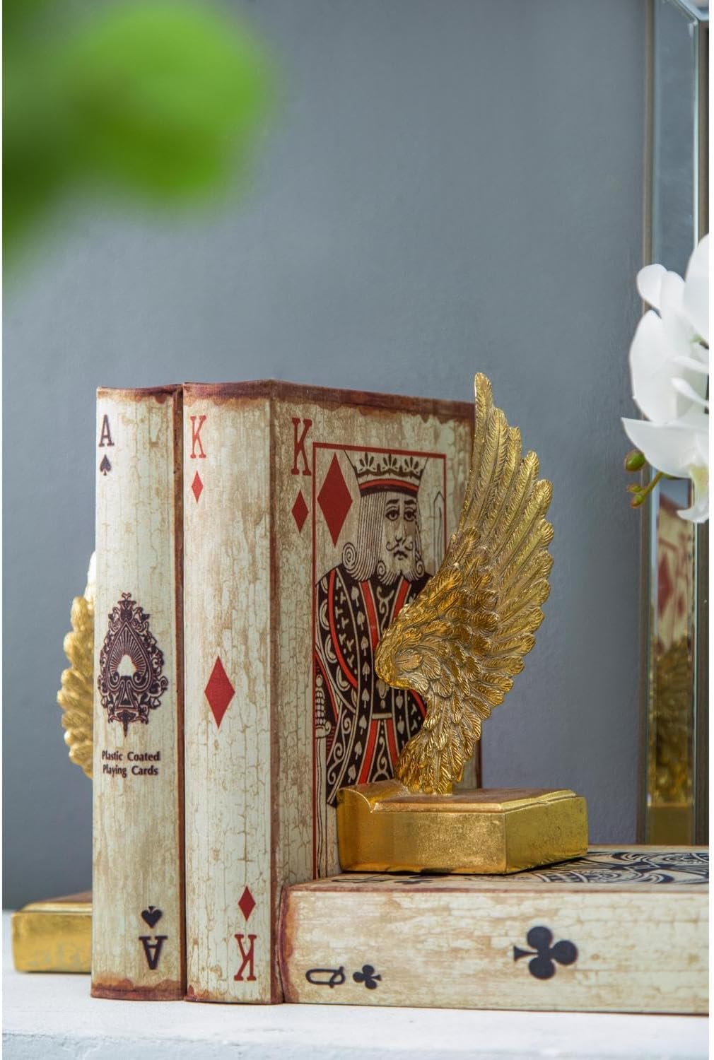3.5" x 3" x 9" Set of Gold Wing Bookends, Metallic, Angel, Accent, Shelf Decor, Tabletop Display, Office, Bookshelf, Bedroom