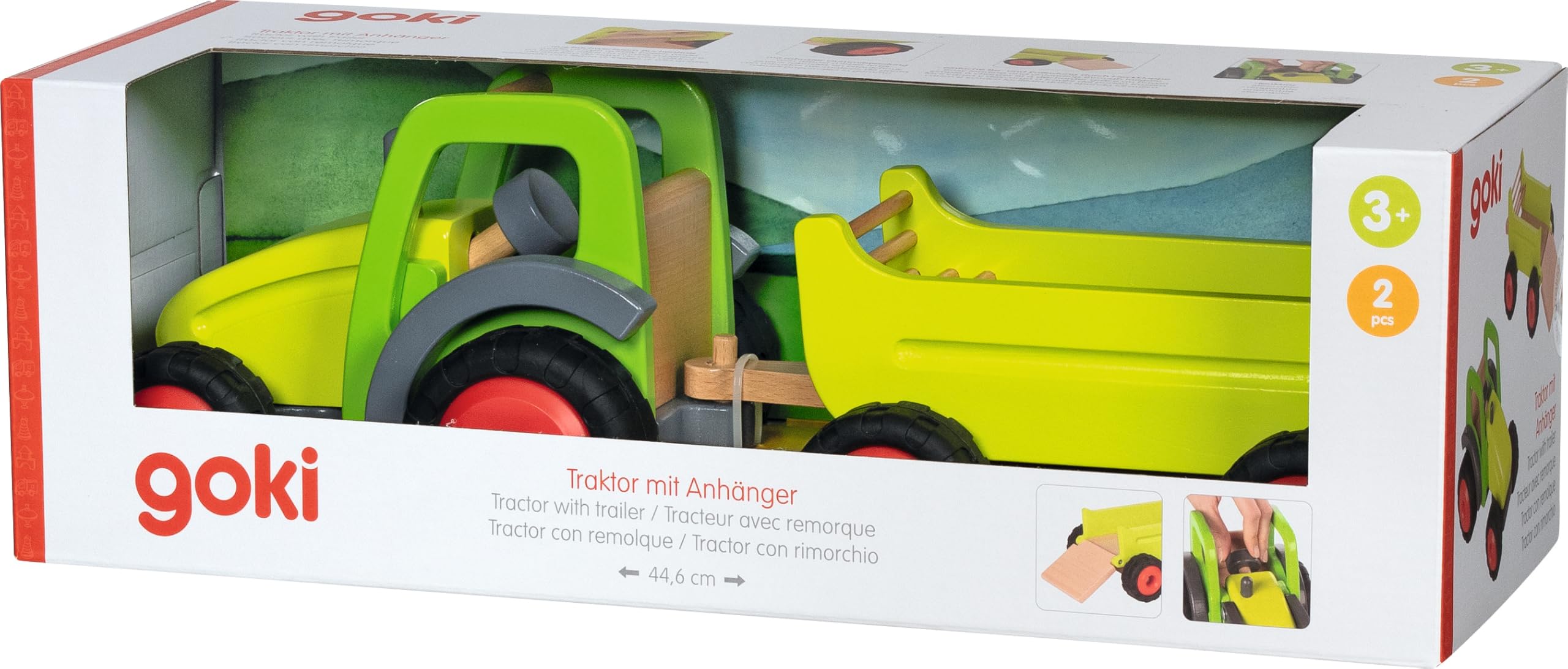 goki 55886 Traktor mit Anhänger aus massivem Buchenholz, Maße 45 x 16,5 x 16,5 cm – lenkbar, Gummibereifung, Robustes Holz-Spielzeug