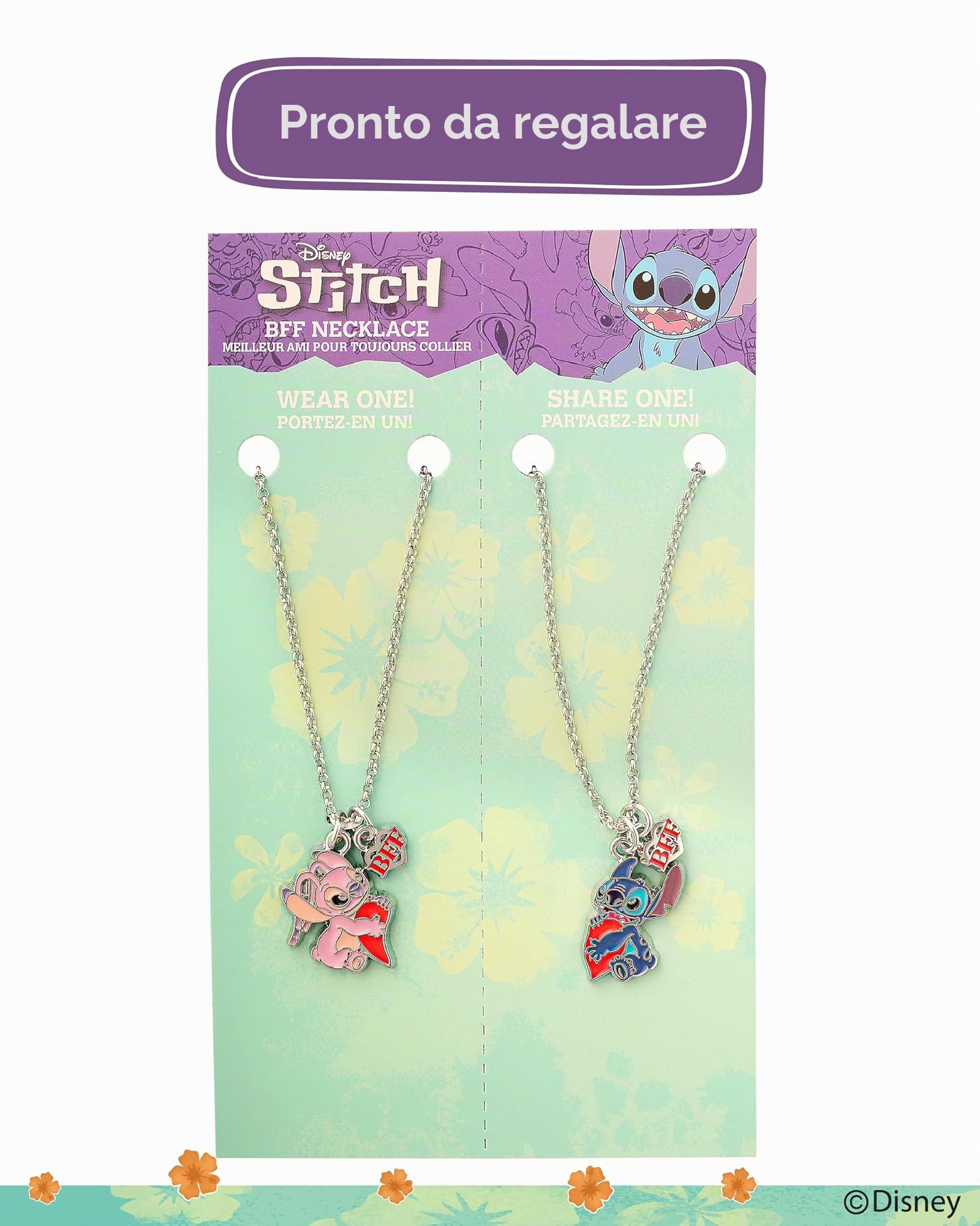 Disney Set di 2 Collane Stitch & Angel BFF, in Ottone con Smalto Colorato, Regalo perfetto per Migliori Amiche, Pronte da Regalare, Gioielli Ufficiali Disney