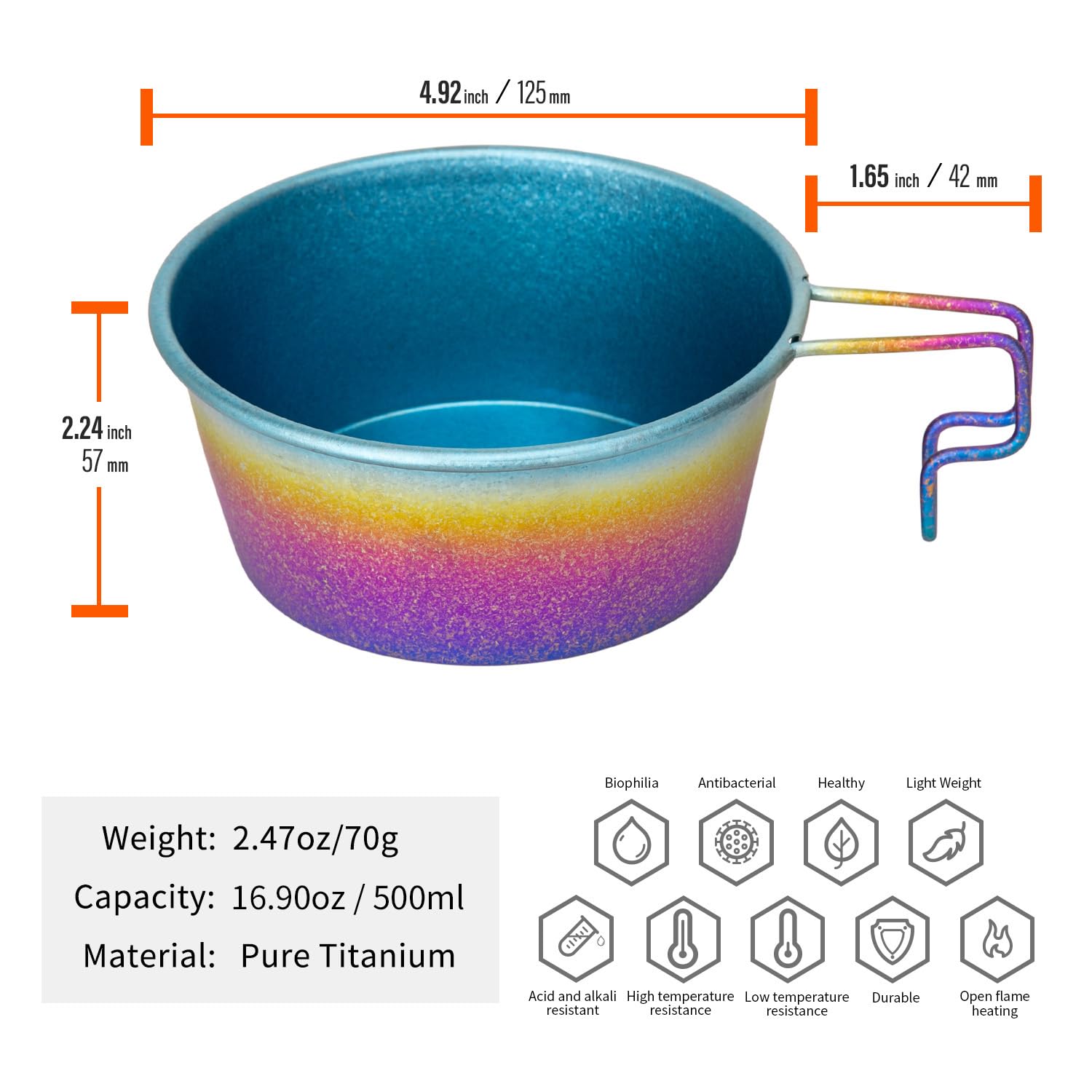TiTo Titanium 500ML Titanium Sierra Cup Bowl with Handle Portable Lightweight Cookware for Outdoor Camping, Hiking, Backpacking, Picnic, BBQ Kitchen Tableware (Blue Colorful)