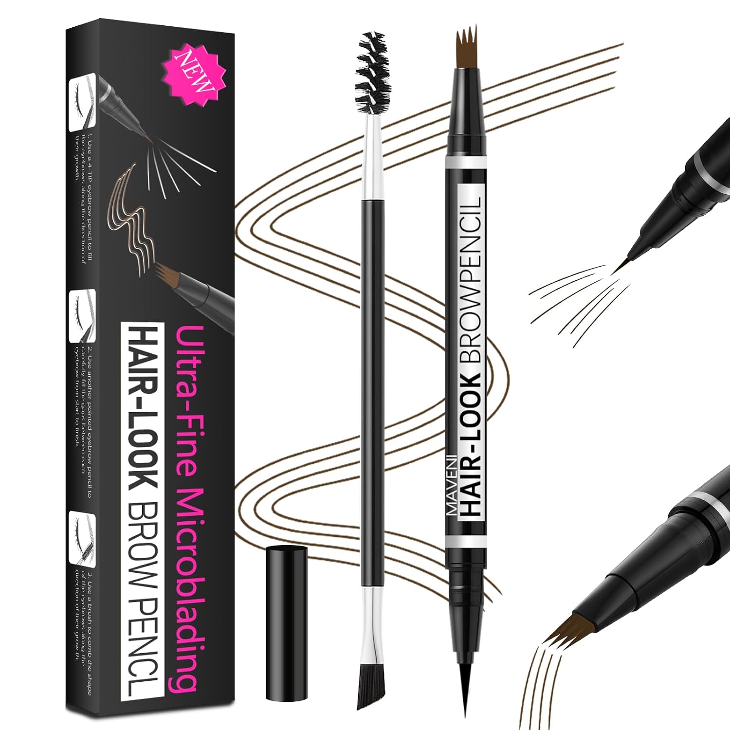 MAVENI 2-in-1 Eye Brow Pencils for Women,Waterproof Eyebrow Pen with 4 Tip Microblading Eyebrow Pencil and 0.01mm Ultra-Precise Eyeliner,Create Natural Hair-Like Brows,Lasting (03 Grey Brown)