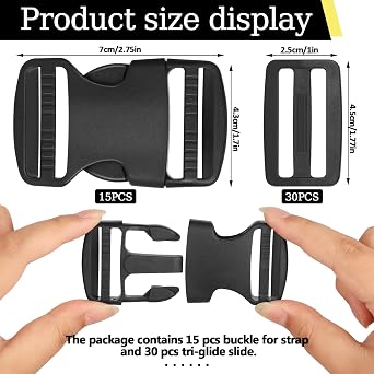 RYKOMO 15 Set 1.5 Inch Side Release Buckles Plastic Clips 30 PCS Tri-Glide Slides, Heavy Duty Dual Adjustable Plastic Buckle No Sewing Black Buckle Replacement for Backpack Luggage Strap Pet Collar