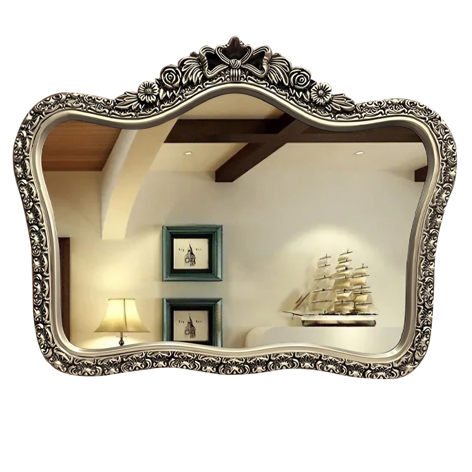WJFTODAY Vintage Antique Silver Decorative Wall Mirror - 34x27 Inch Makeup & Vanity Mirror for Bedroom, Living Room, Farmhouse Home Décor Accent, Elegant Wall Art