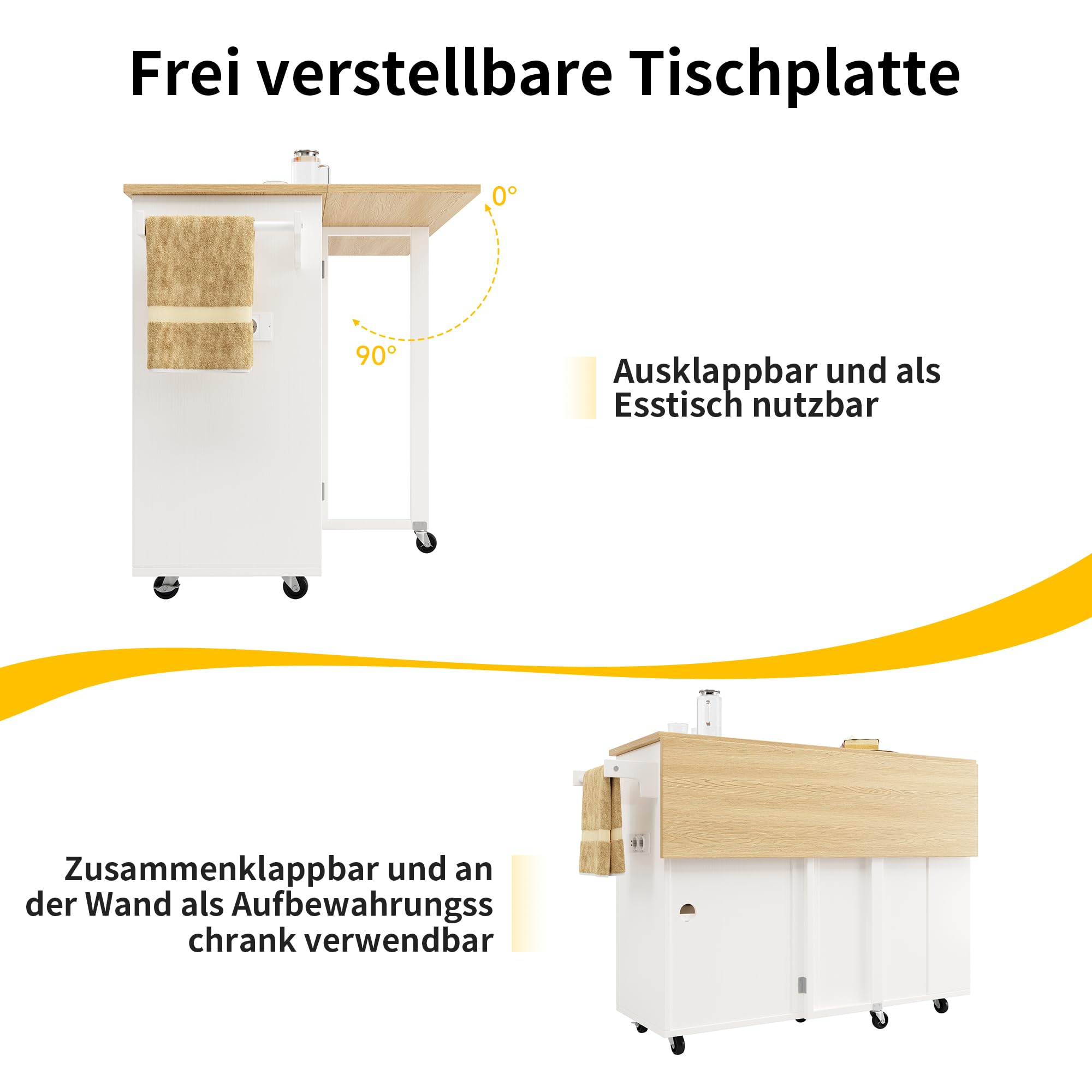 Carrito de cocina, isla de cocina, armario de cocina, aparador con encimera plegable, vetas de roble, con regleta, equipado para cocina y casa, 131,5 x 43 x 90,7 cm, color blanco
