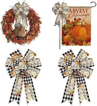 Hying 2 Pieces Fall Bows for Wreath, Thanksgiving Wreath Bows White Black Buffalo Plaid Bows Natural Burlap Bows Autumn Pumpkin Leaves Bows for Front Door Fall Thanksgiving Day Decorations