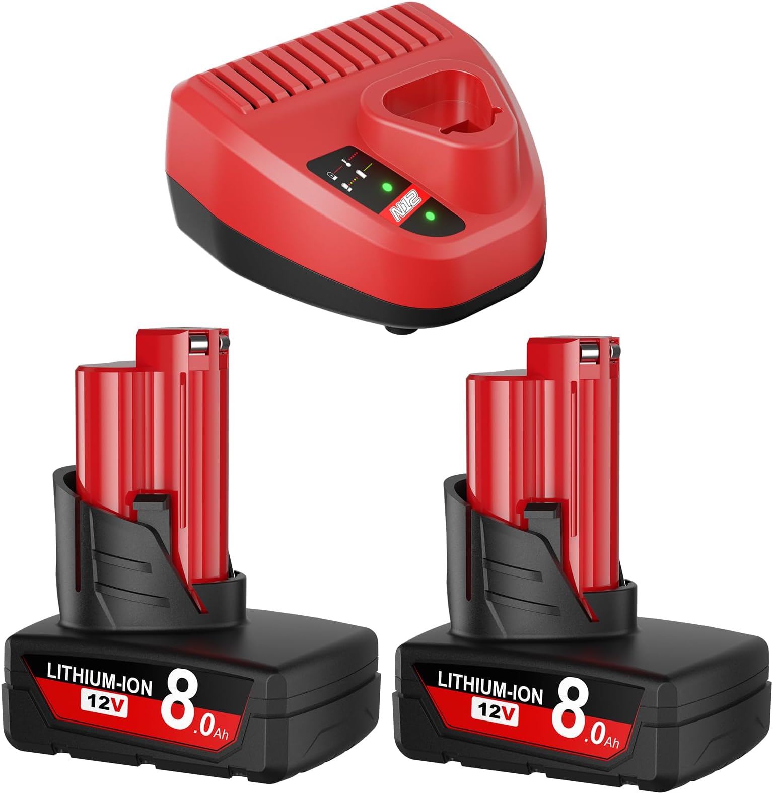 Upgraded 2Pack 8.0Ah Replacement for Milwaukee M12 Battery and Charger Kit 12V Lithium Batteries Compatible with 12 Volt 48-11-2420 48-11-2401 48-11-2402 48-11-2430 48-11-2440 Cordless Tools
