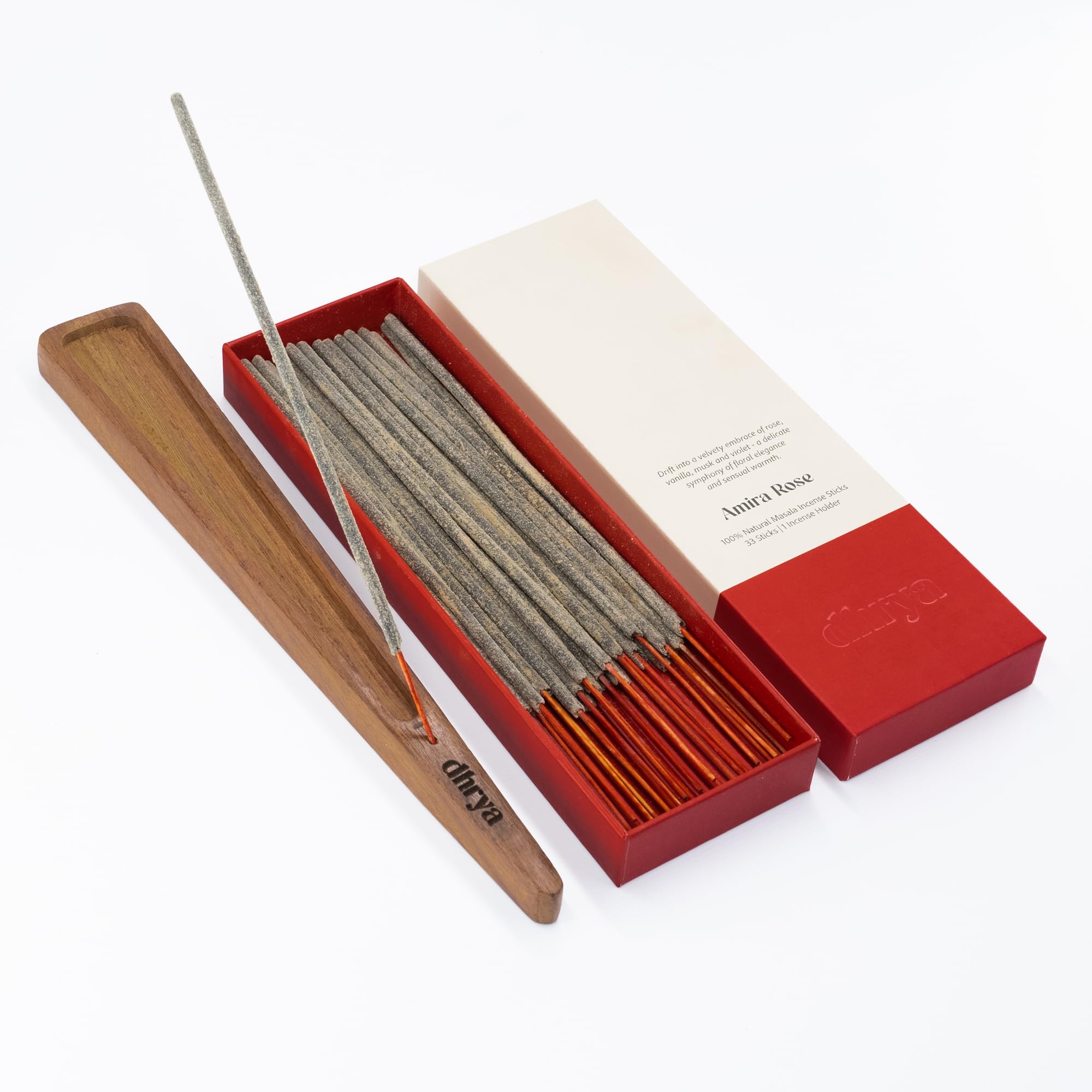 Dhrya Red Amira Rose Luxury Hand-Made Natural Masala Incense Sticks – Organic, Charcoal-Free Rose, Vanilla & Musk Scents For Aromatherapy & Meditation (33 Sticks + Indian Rosewood Holder)